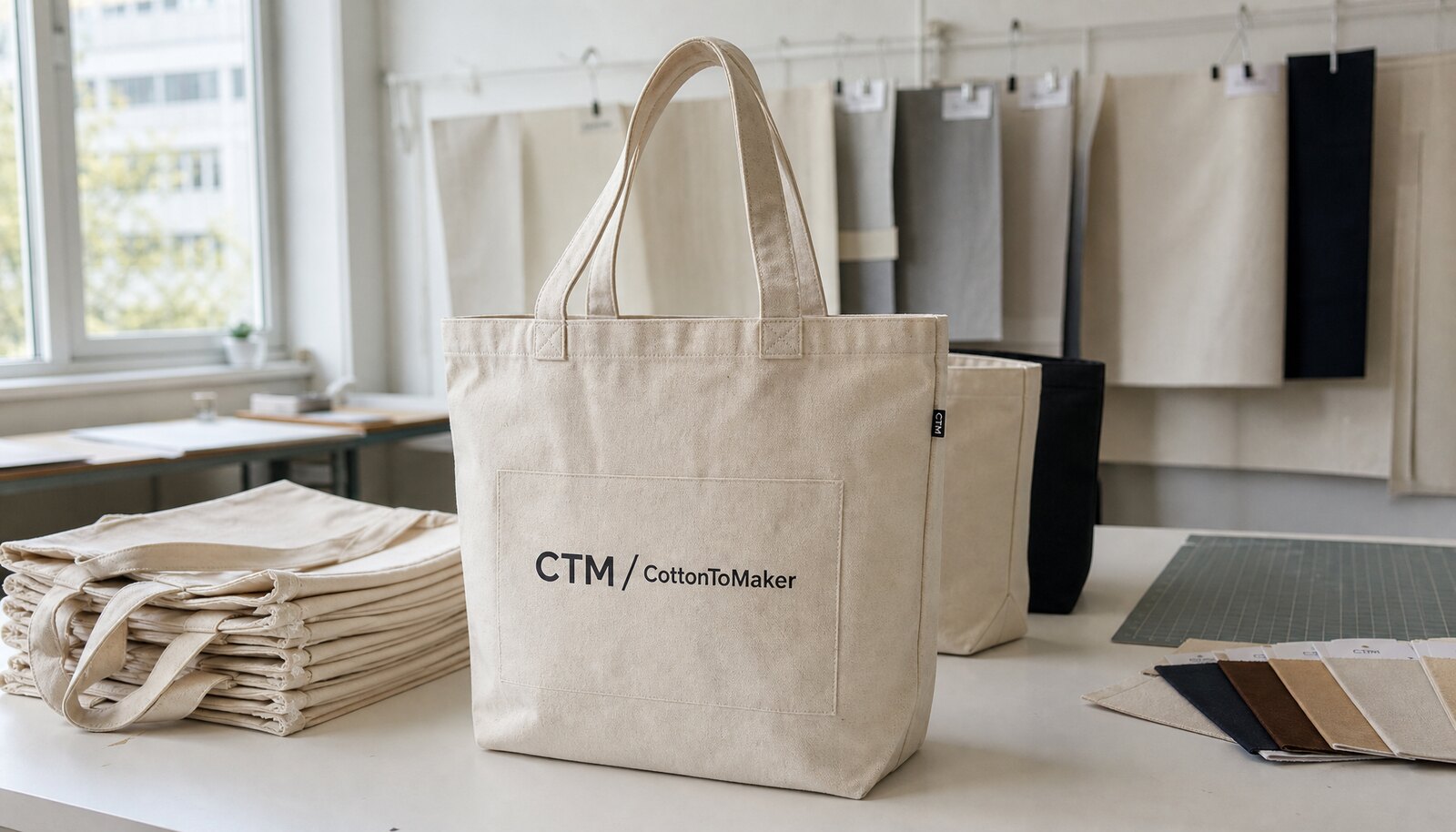 Natural canvas shopping bag with a simple CTM sample logo printed on the front in a factory sample room.