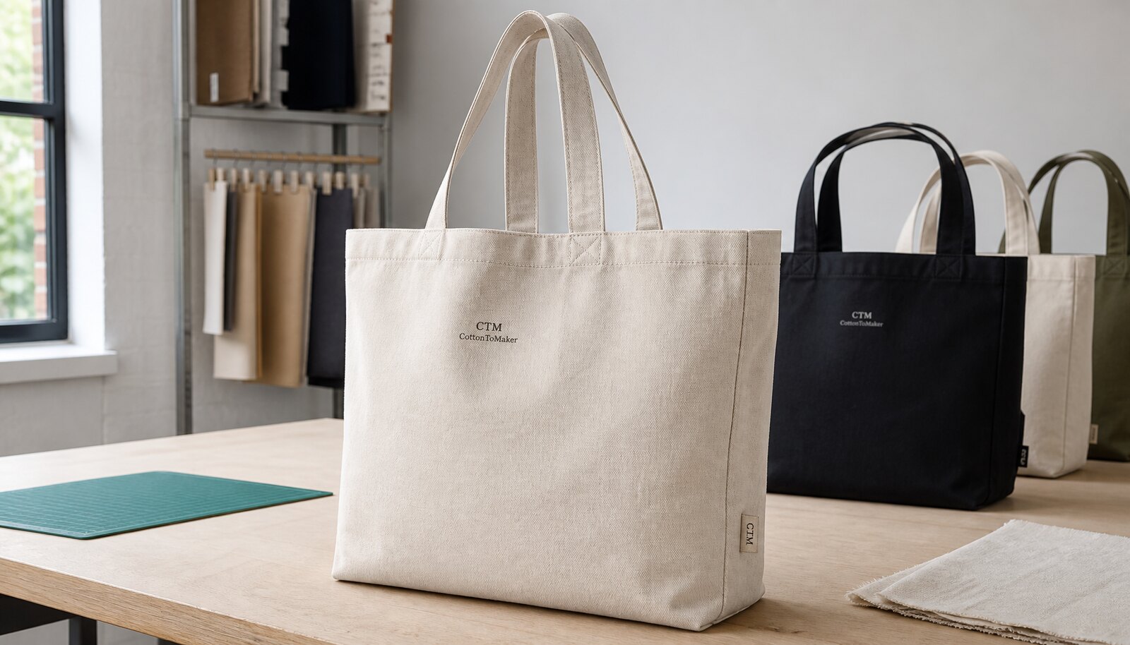 Natural canvas shopping bag with a small CTM CottonToMaker logo printed in a clean factory sample room