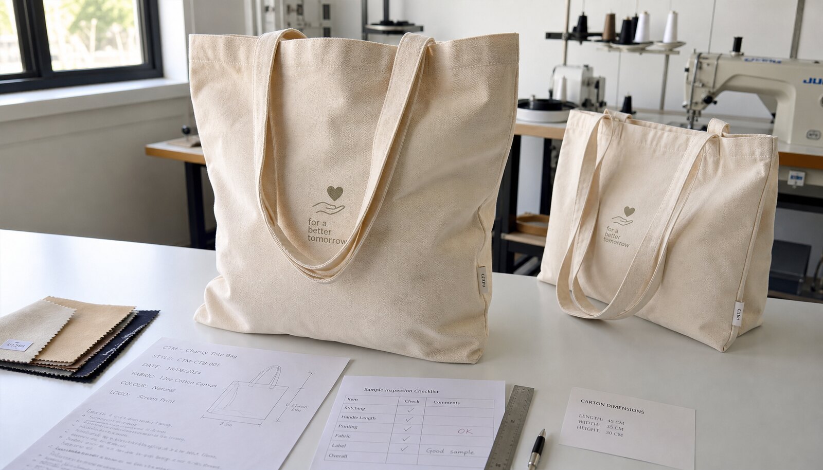 Photorealistic canvas tote sample with a small CTM woven side label in a factory sample room