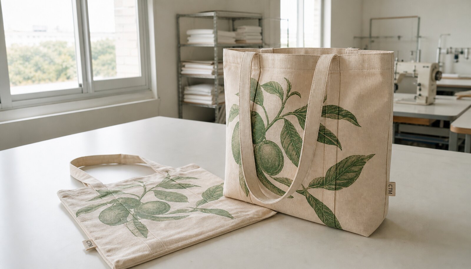 Printed canvas shopping bag sample with a small CTM side label in a clean factory sample room