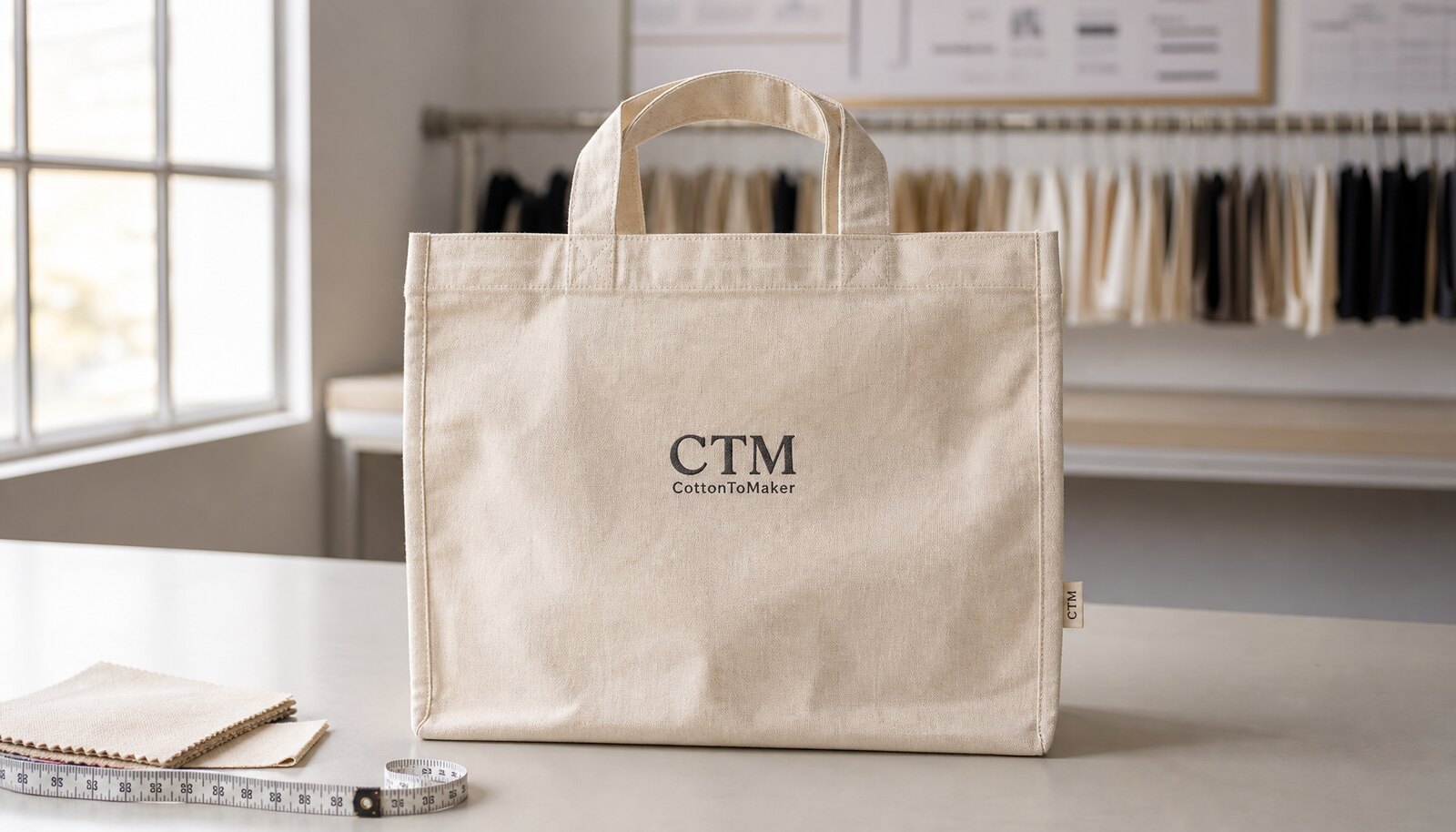 Natural canvas shopping bag with a simple CTM logo in a factory sample room