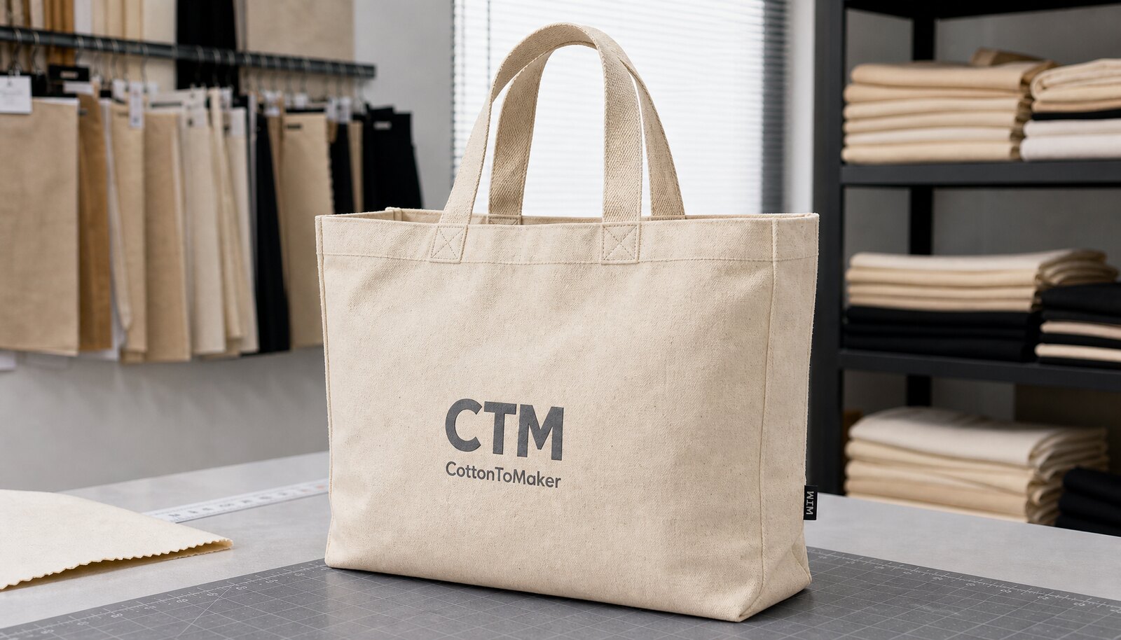 Natural canvas shopping bag with a simple CTM/CottonToMaker logo printed on the front and a woven side label in a clean sample room