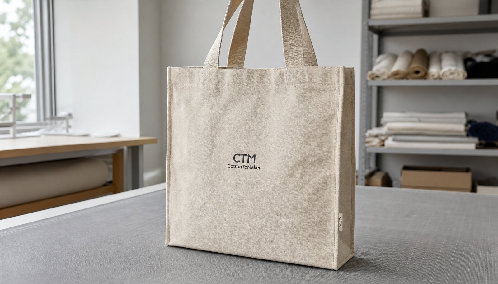 Natural printed canvas shopping bag with a simple CTM CottonToMaker sample logo in a clean factory sample room