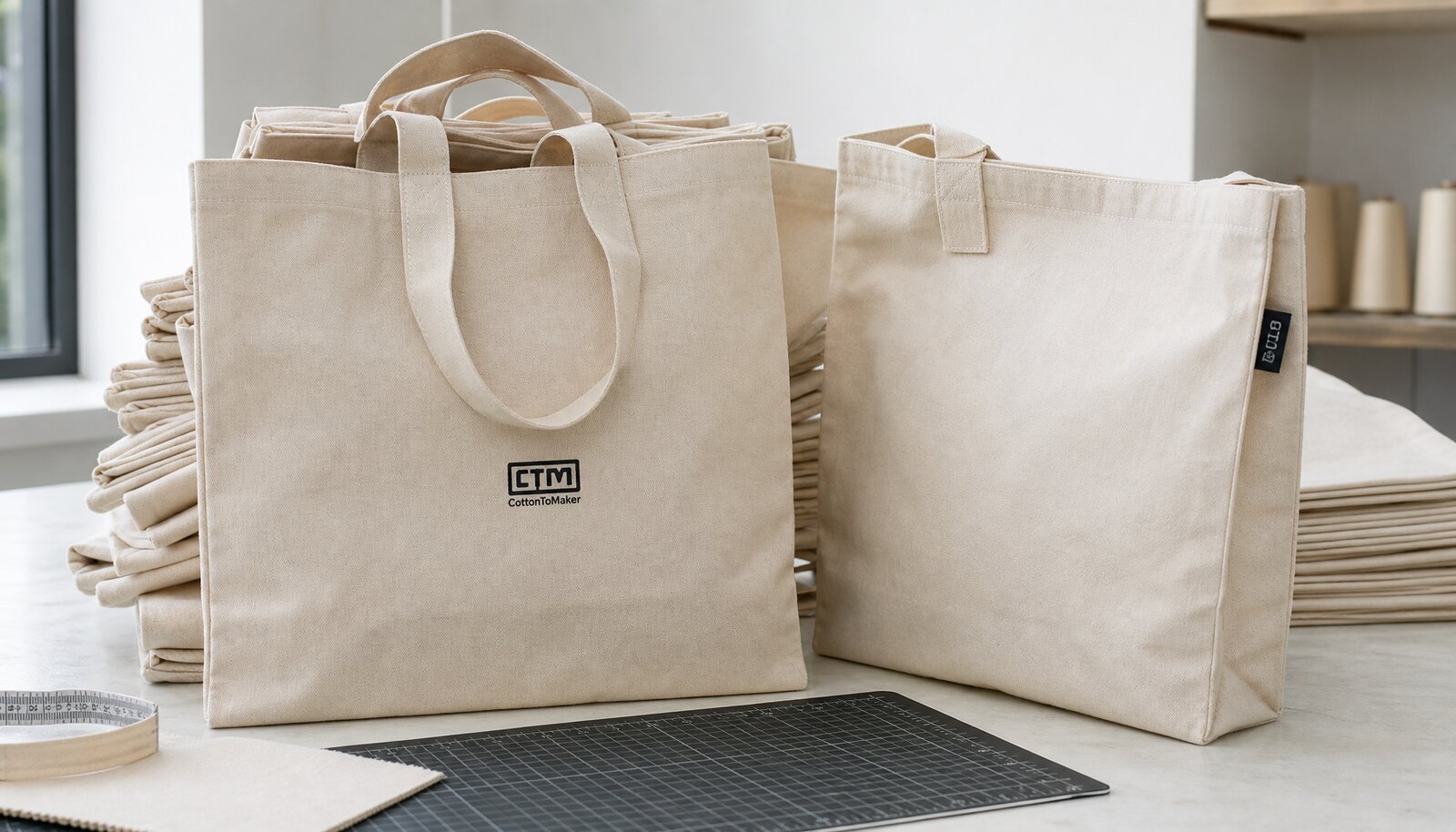 Printed canvas shopping bags with a small CTM sample logo displayed in a clean factory sample room