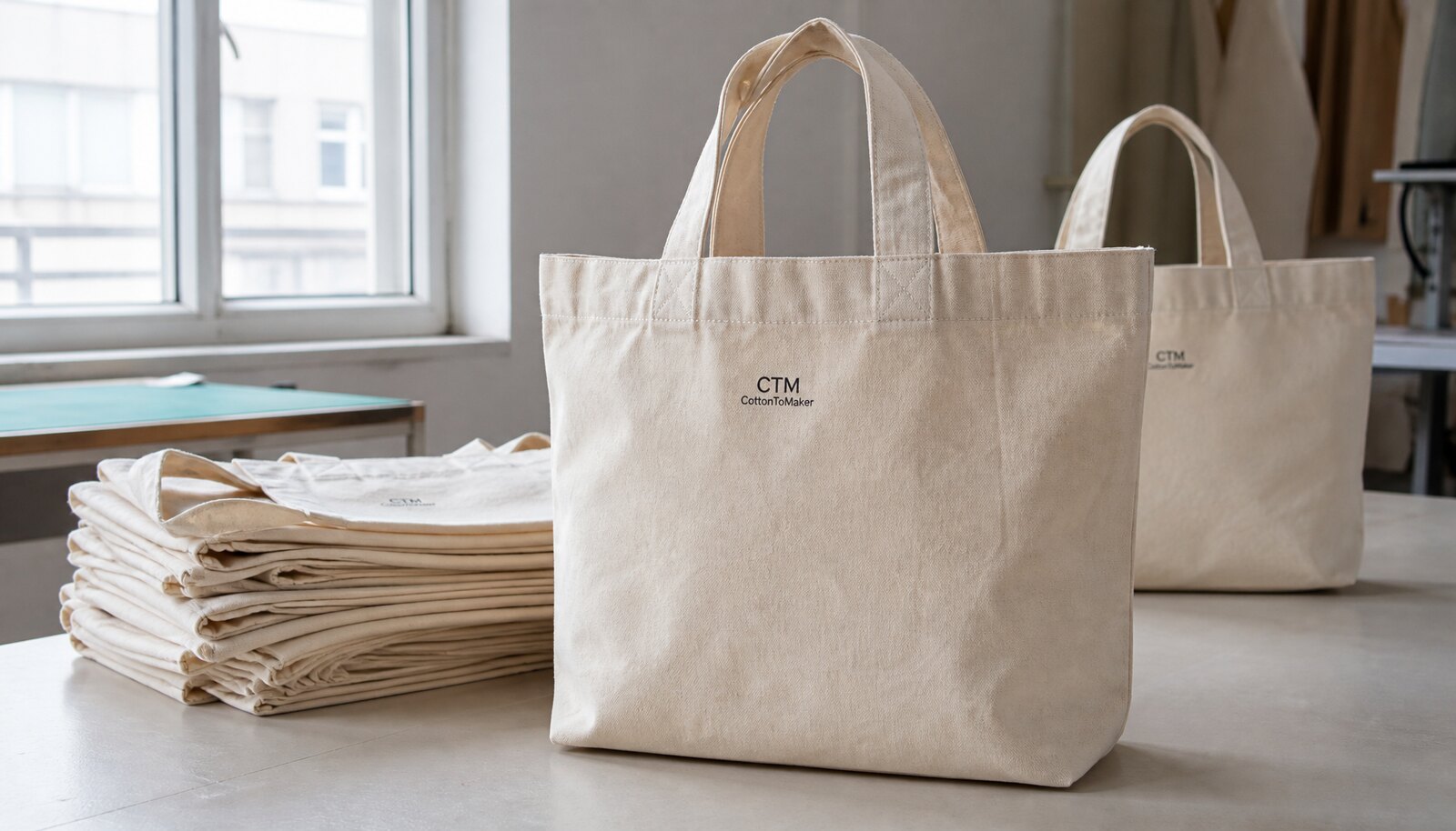 Natural canvas tote bag with a small CTM printed logo displayed in a clean factory sample room