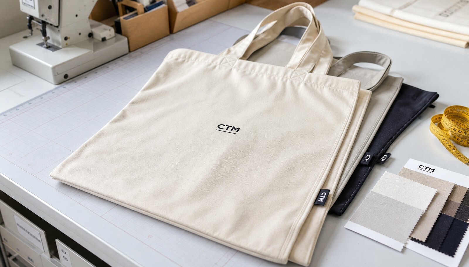Printed canvas shopping bags with a simple CTM CottonToMaker logo in a factory sample room