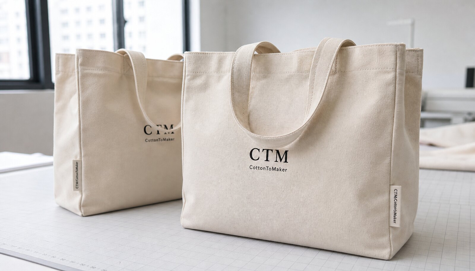 Photorealistic printed canvas shopping bags in a factory sample room with a visible CTM/CottonToMaker side label