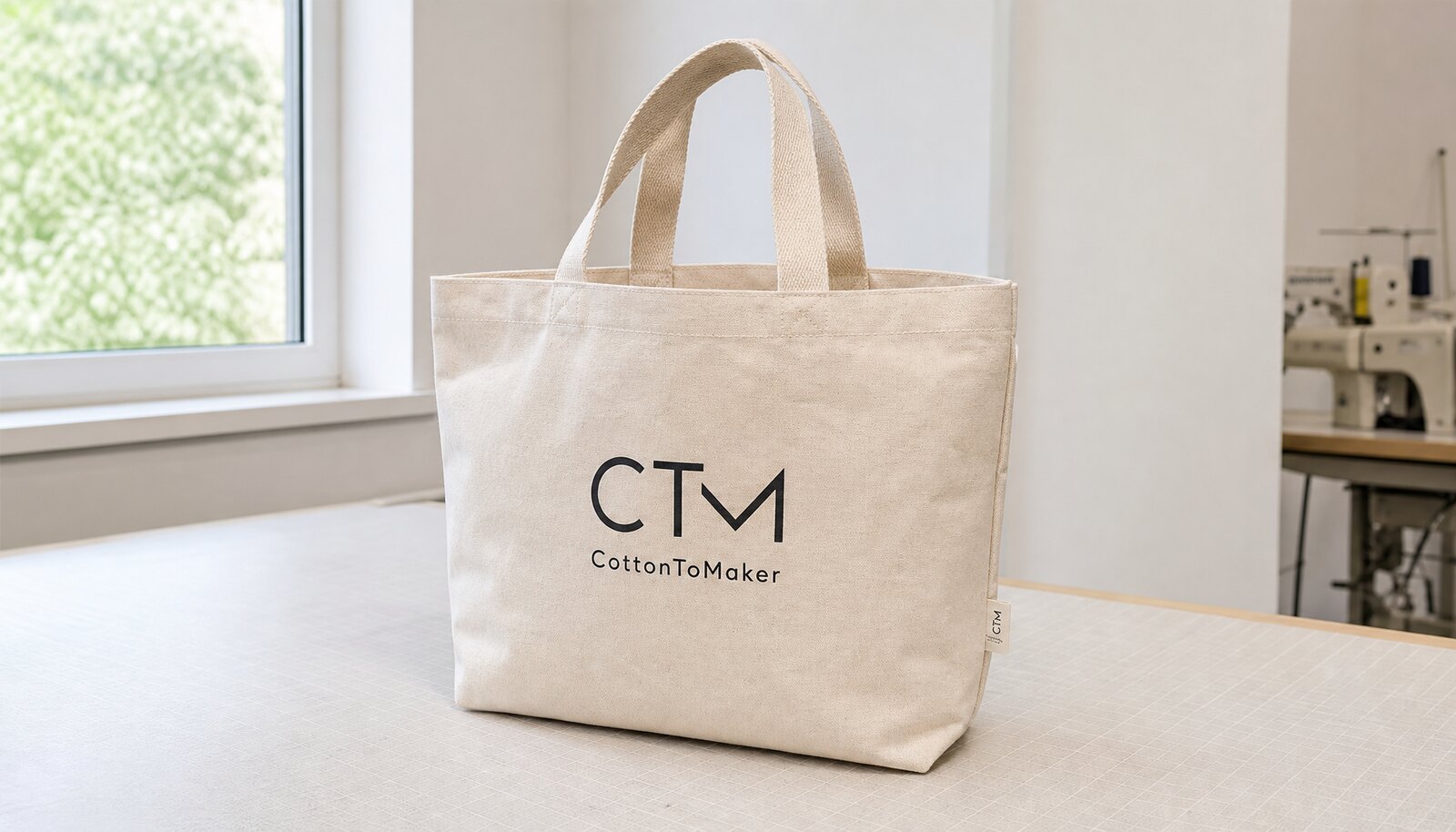 A plain printed canvas shopping bag for a cosmetic brand with a small CottonToMaker side label in a factory sample room