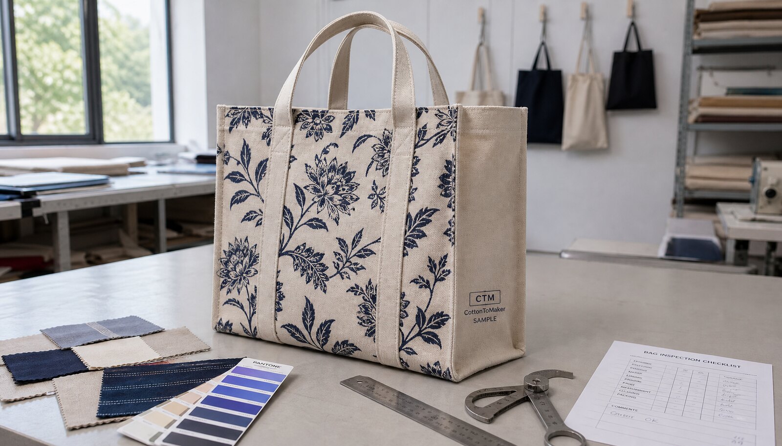 Printed canvas shopping bag sample with a small CTM logo printed directly on the bag in a factory sample room