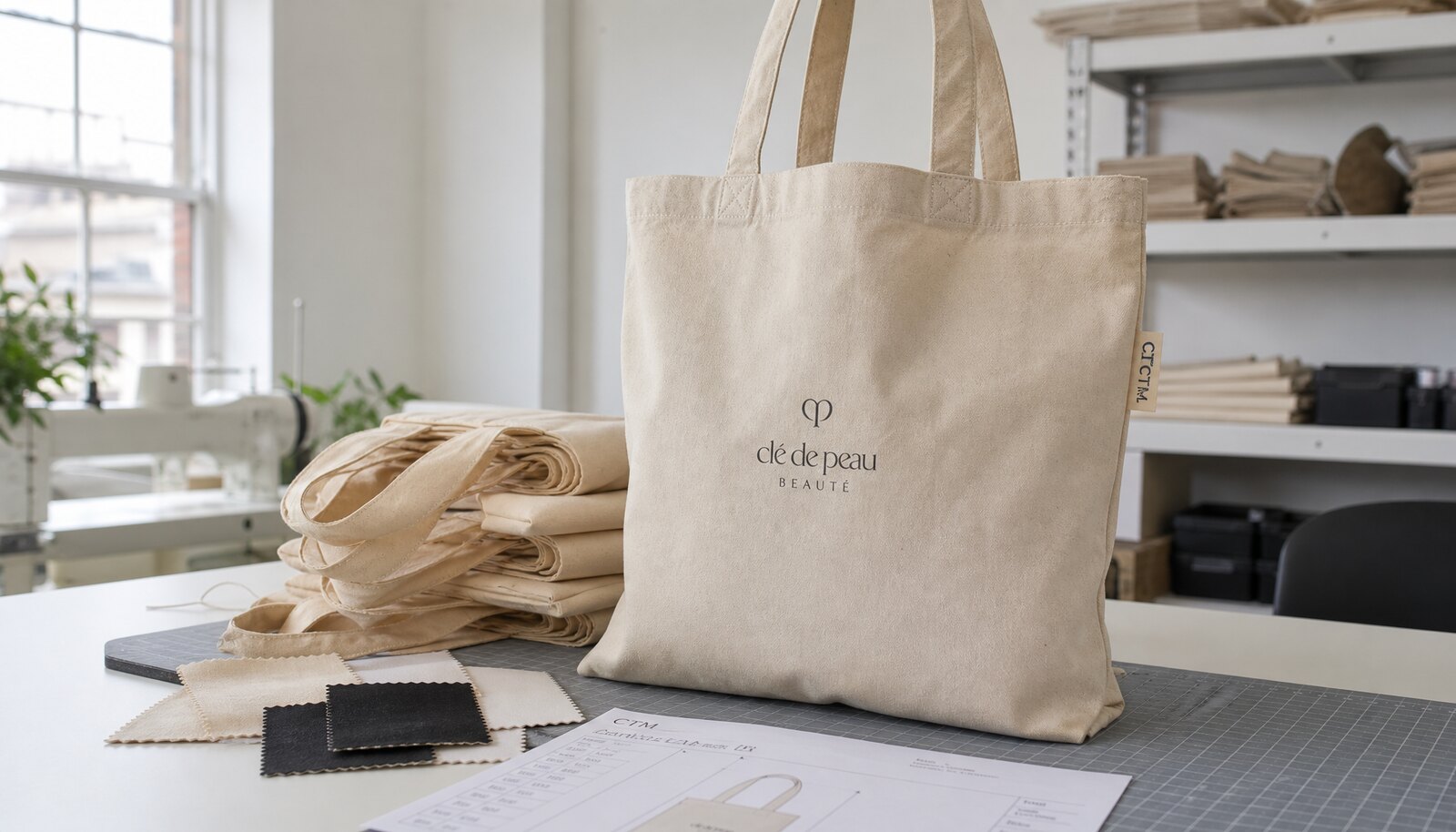 Printed canvas shopping bags with a simple CTM/CottonToMaker logo on the bag, shown in a clean factory sample room