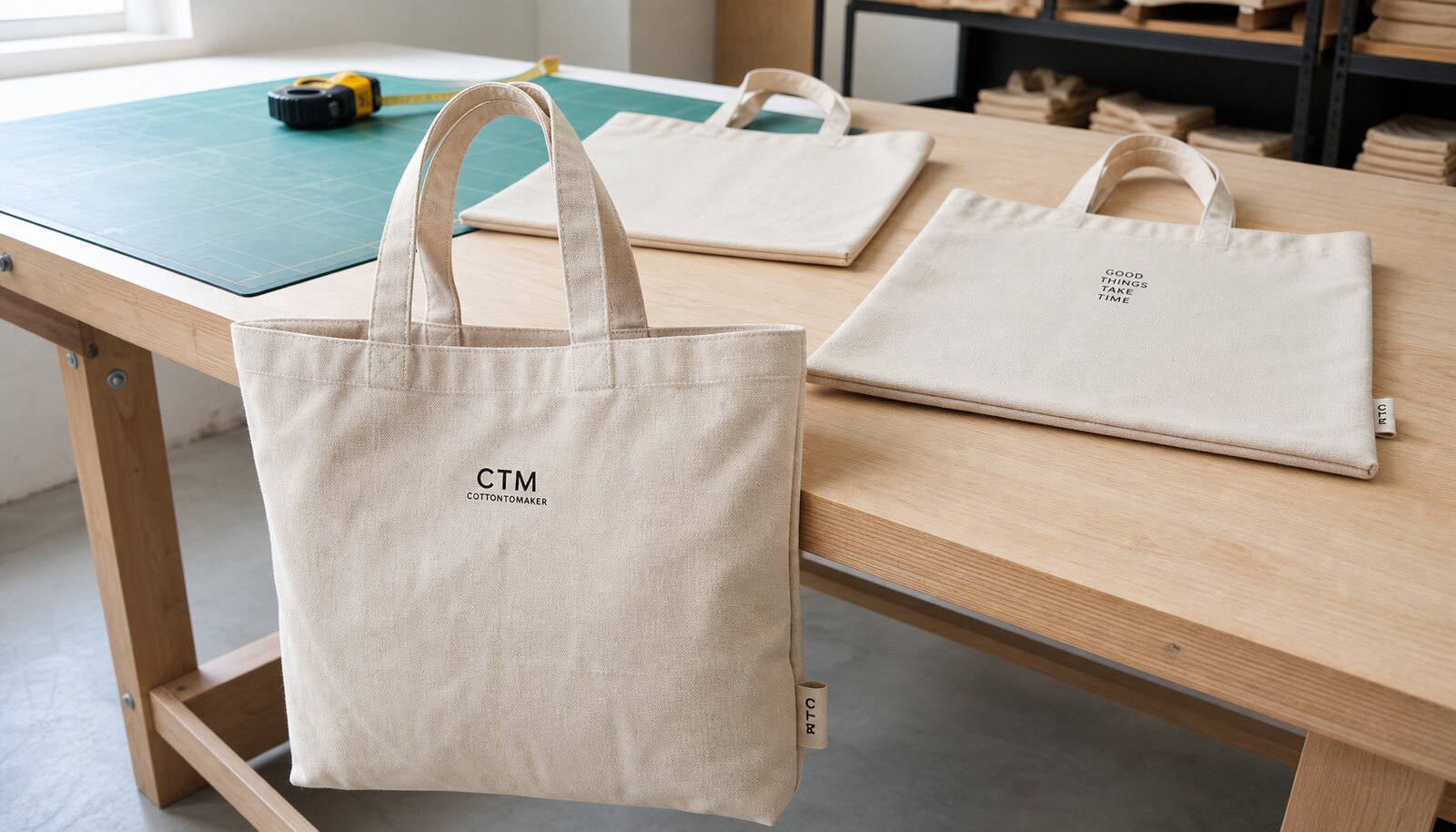 Printed canvas shopping bags with a simple CTM/CottonToMaker logo in a clean factory sample room