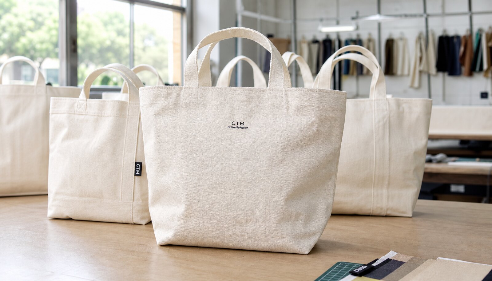 Printed canvas shopping bags with a small CTM logo shown in a clean factory sample room