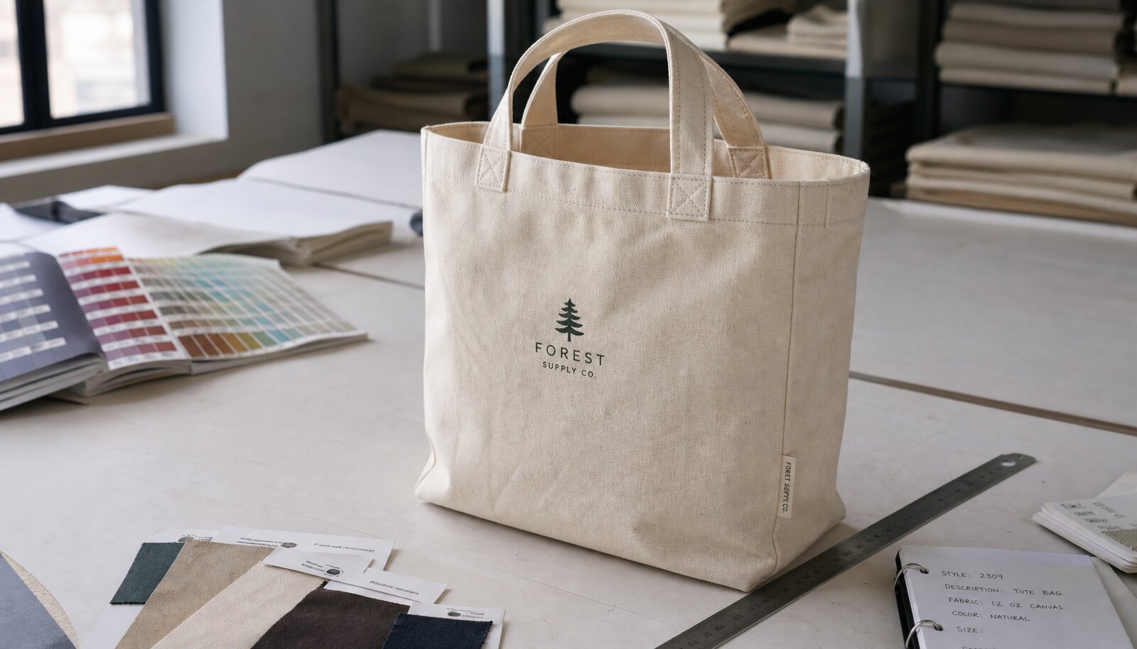 Photorealistic canvas shopping bag sample with a simple printed logo, reinforced handles, and visible stitching in a factory sample room.
