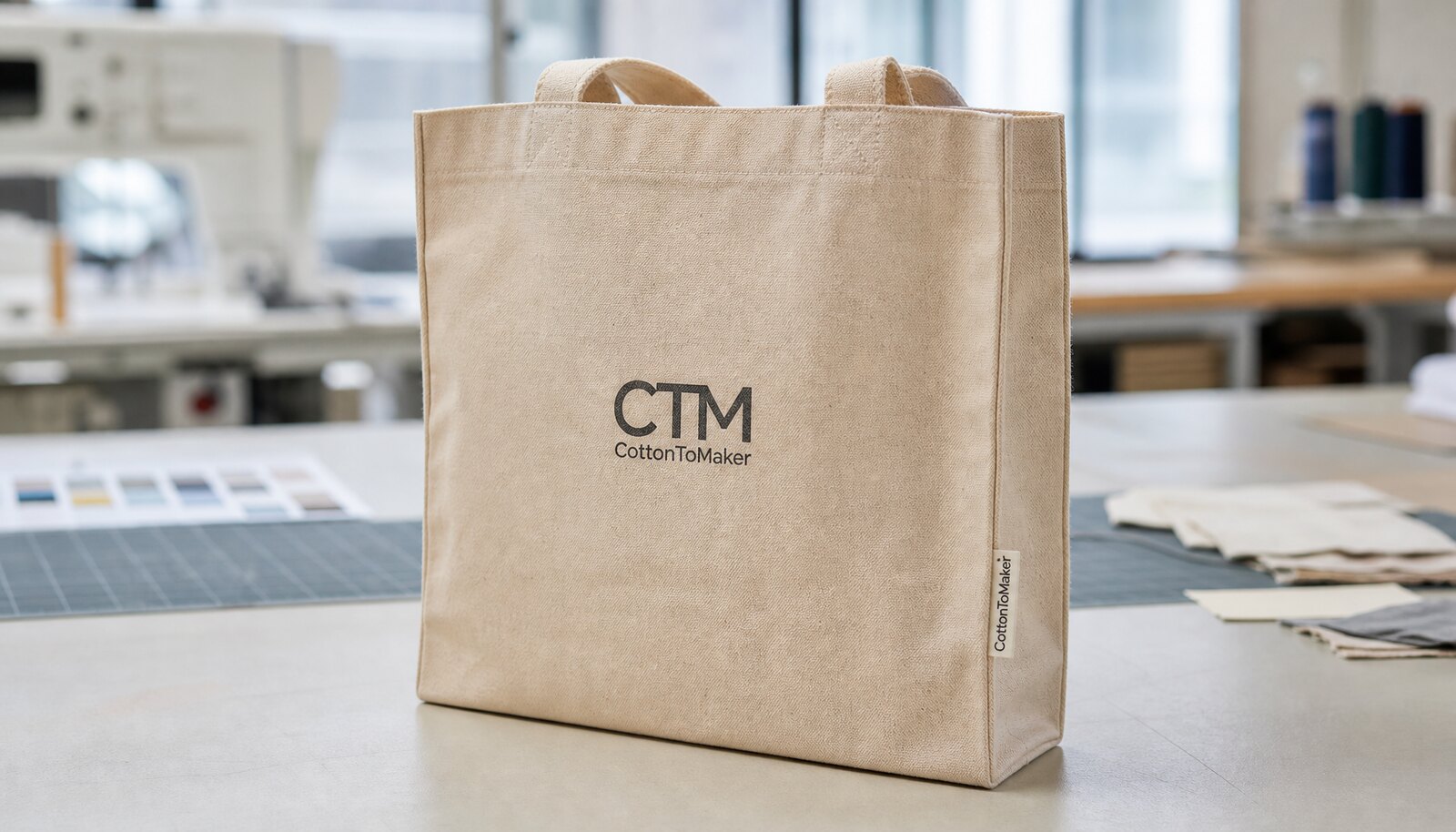 A natural canvas shopping bag sample with a printed CTM CottonToMaker logo and sewn side label in a factory sample room.