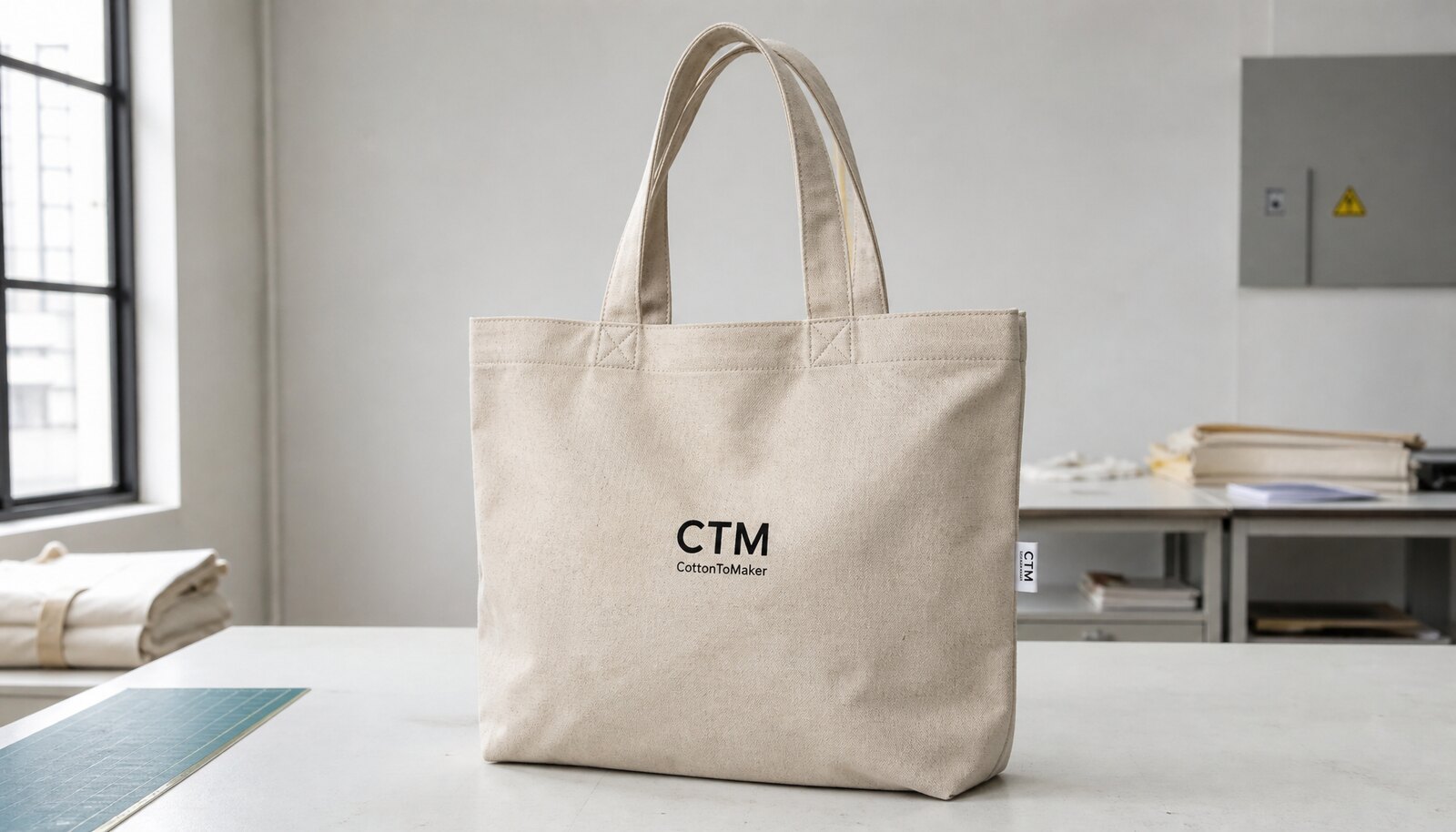 Cotton canvas shopping bag with a simple CTM/CottonToMaker logo printed on the front in a clean factory sample room