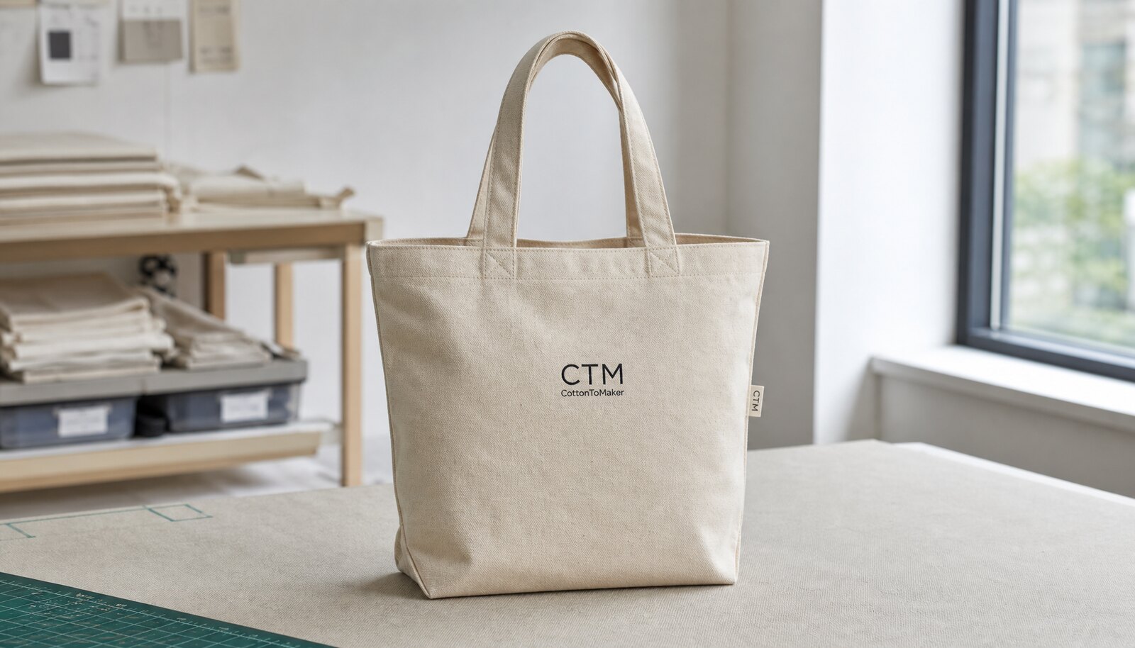 Natural canvas shopping bag in a factory sample room with a small CTM CottonToMaker logo printed on the front and a woven side label.