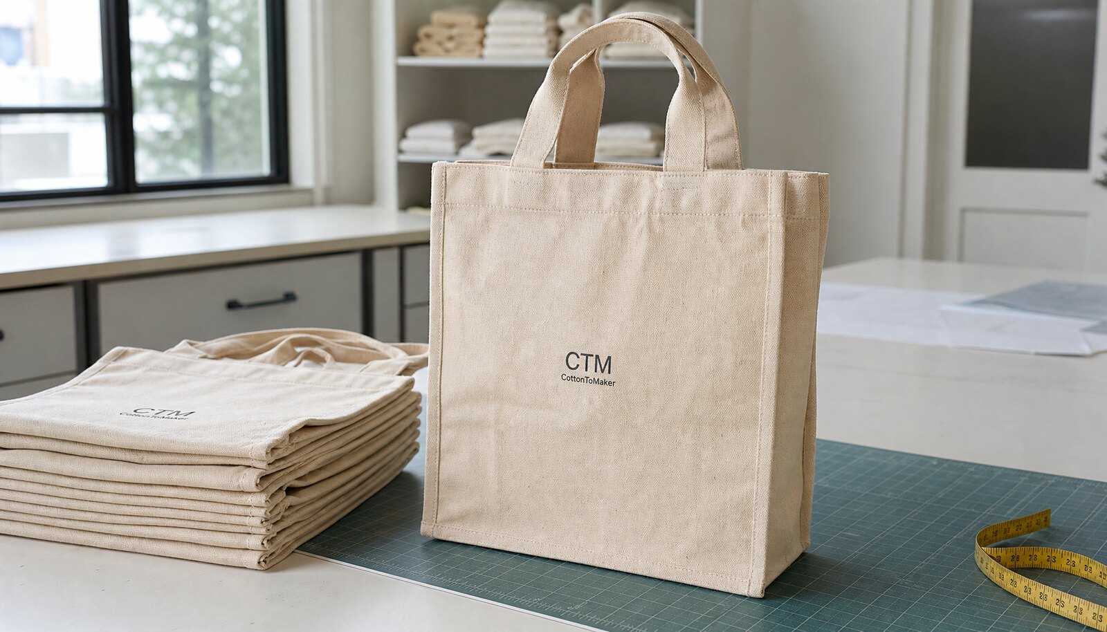 Printed canvas shopping bags with a simple CTM sample logo in a factory sample room