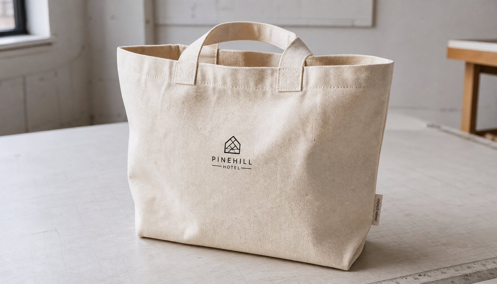 Photorealistic canvas shopping bag with a small CTM logo print and stitched side label in a factory sample room.