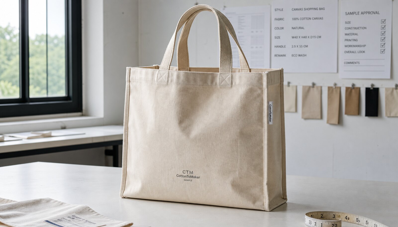 CottonToMaker printed canvas shopping bag with a small sample logo in a factory sample room