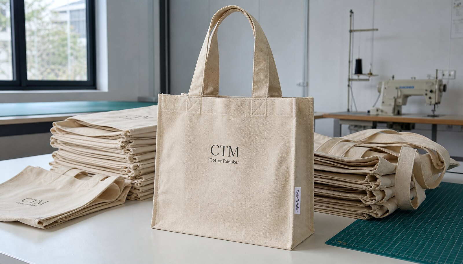 Printed canvas shopping bag with a simple CTM sample logo in a factory sample room