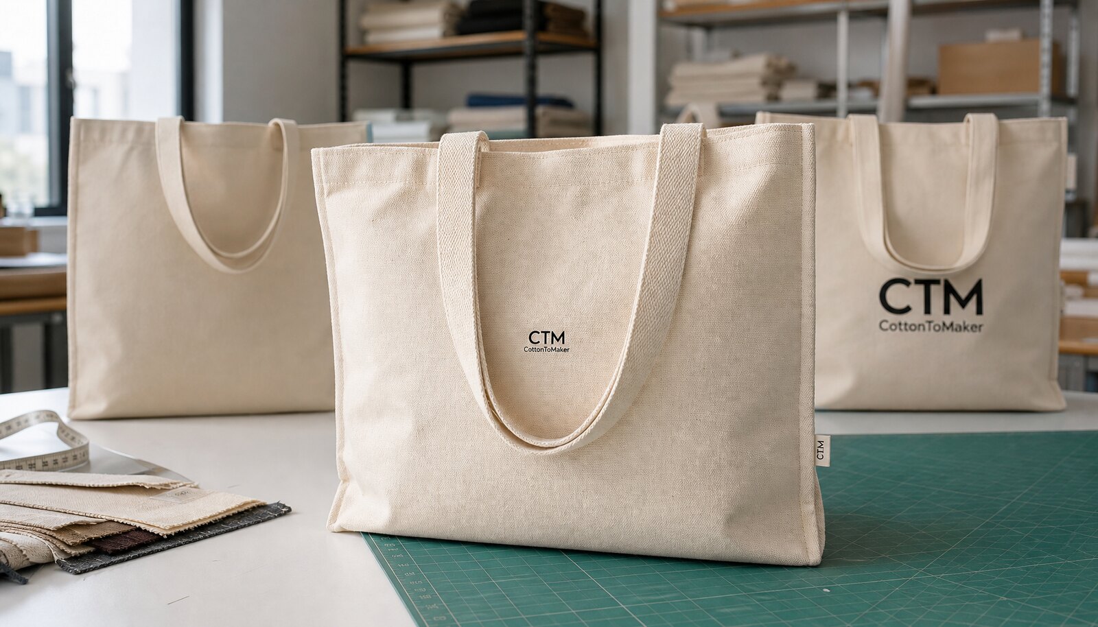 Printed canvas shopping bags with a small CTM CottonToMaker logo shown in a factory sample room