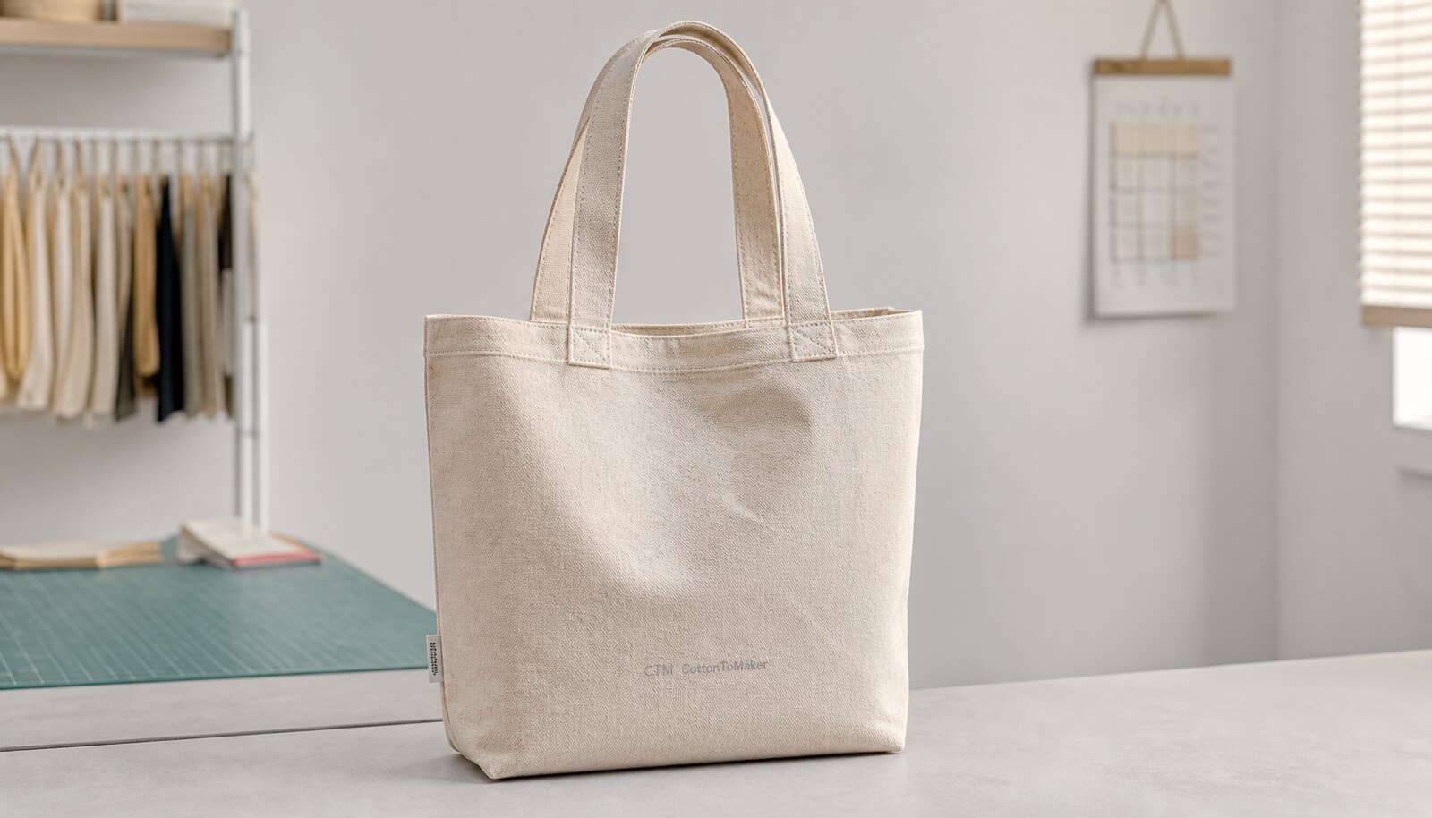 Natural canvas shopping bag with a printed CTM sample logo in a clean factory sample room.
