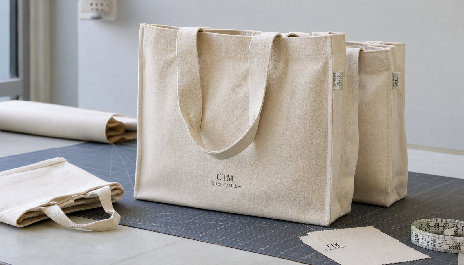 Printed canvas shopping bags with a simple CTM logo printed on a bag in a clean factory sample room