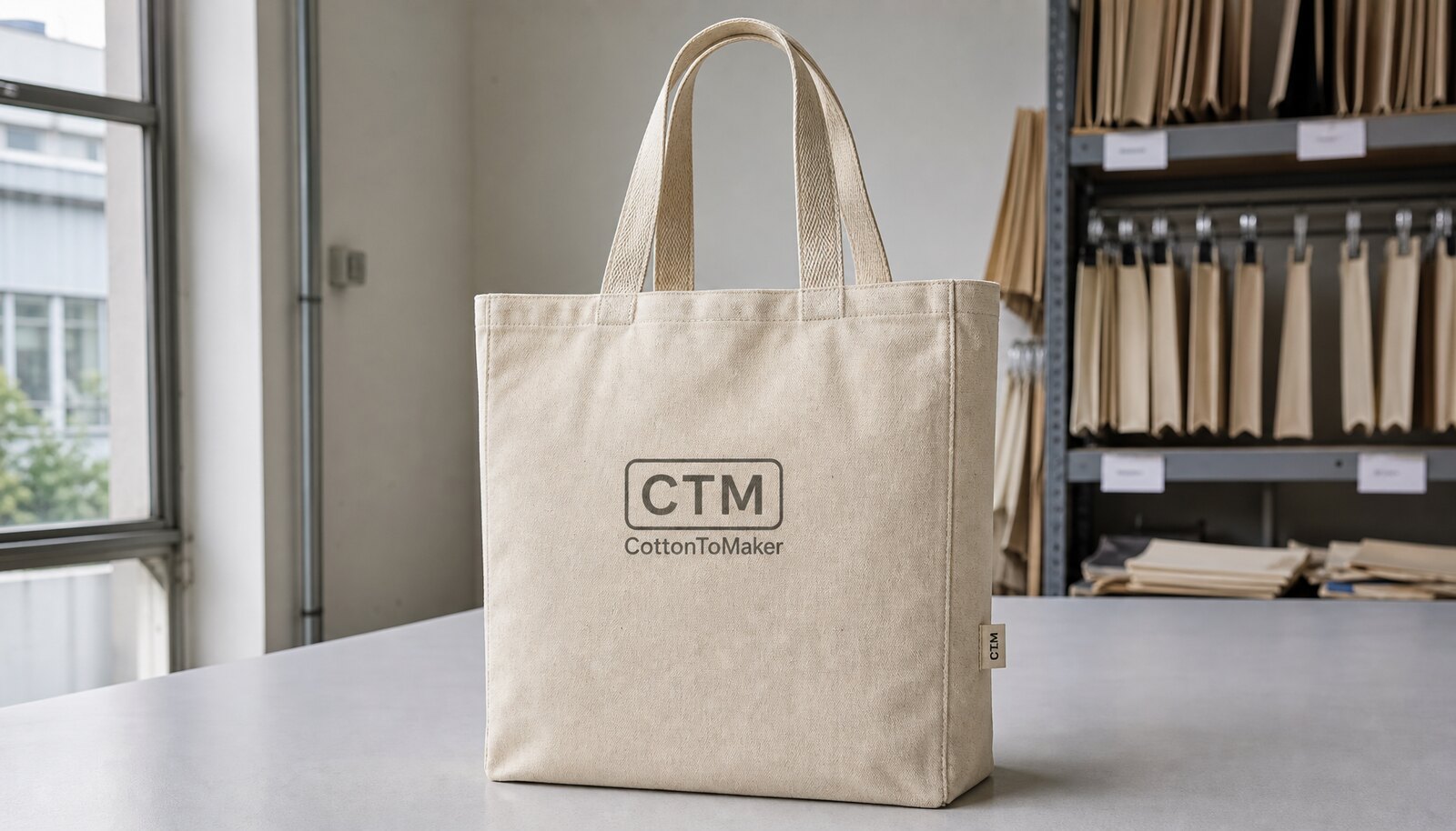 Natural canvas shopping bag with a simple CTM CottonToMaker printed logo in a clean factory sample room
