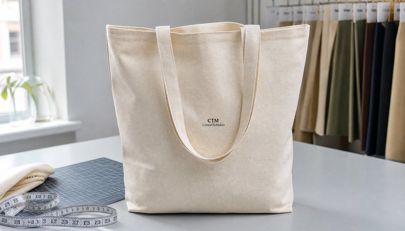 Natural canvas museum shopping bag with a small CTM CottonToMaker logo printed on the front in a clean sample room.