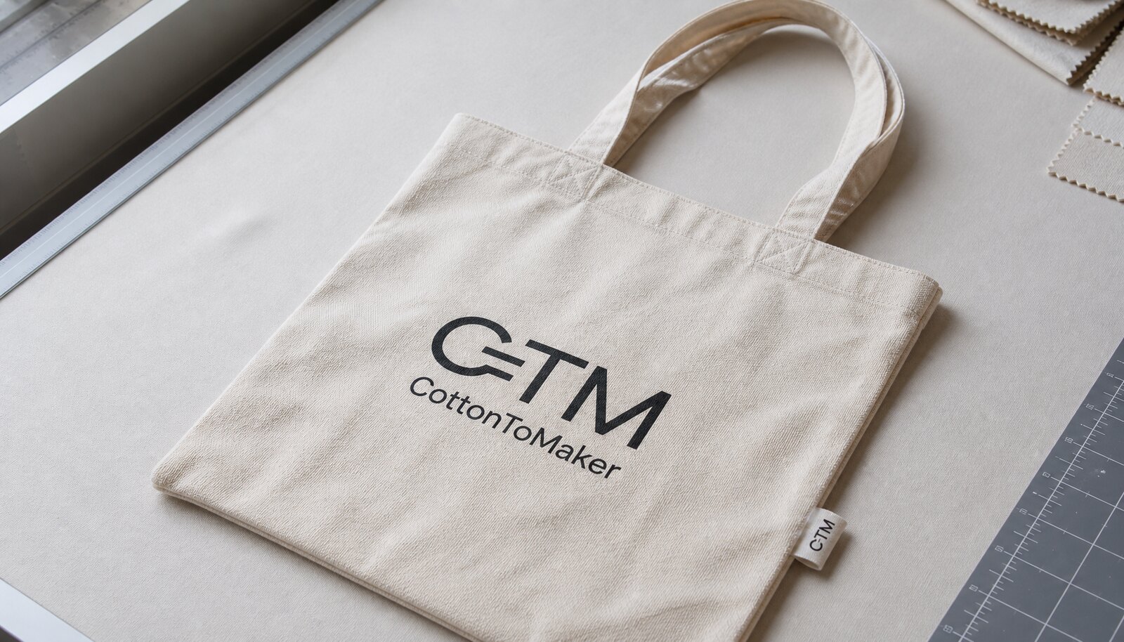 Natural canvas shopping bag sample with a simple CTM CottonToMaker logo printed on the front in a clean factory sample room