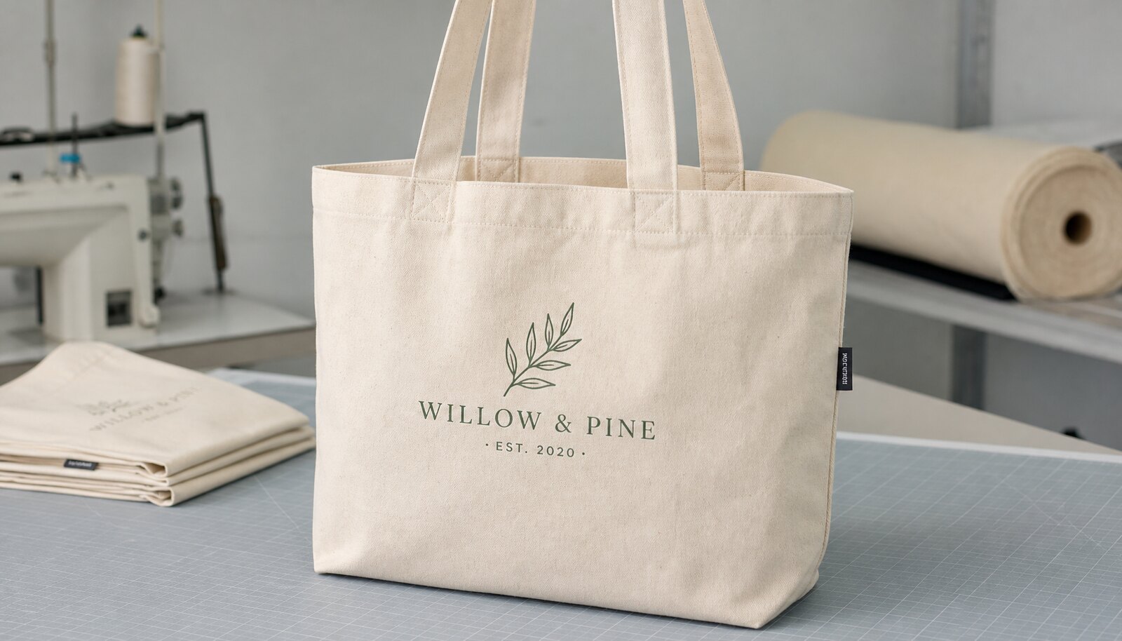 Photorealistic natural canvas shopping bag with a small CTM sample logo in a clean factory sample room.