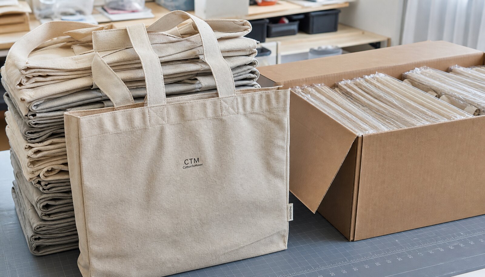 Printed canvas shopping bags with a small CTM logo shown in a factory sample room next to a shipping carton