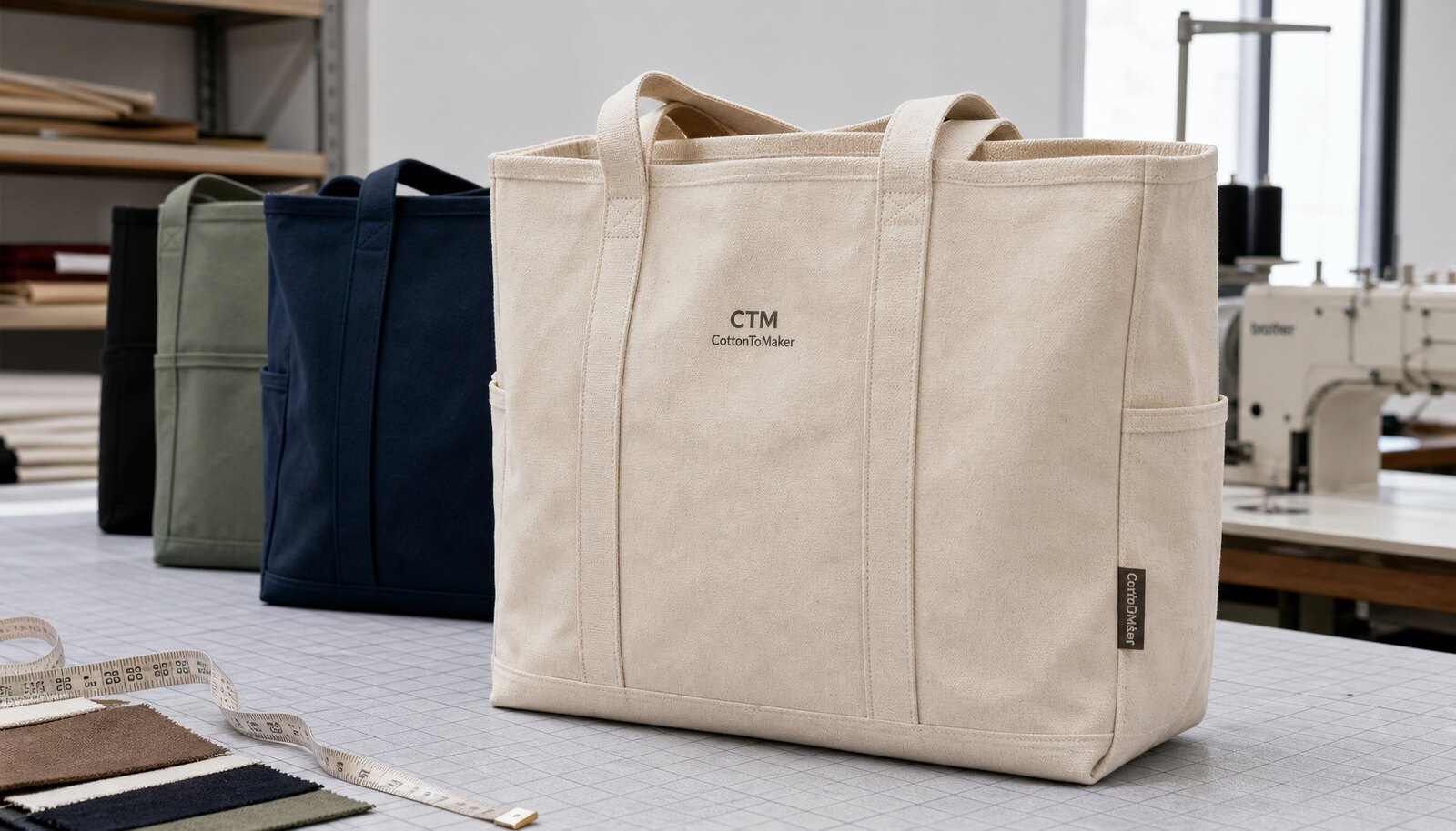 Printed canvas shopping bags with a simple CTM CottonToMaker logo in a factory sample room