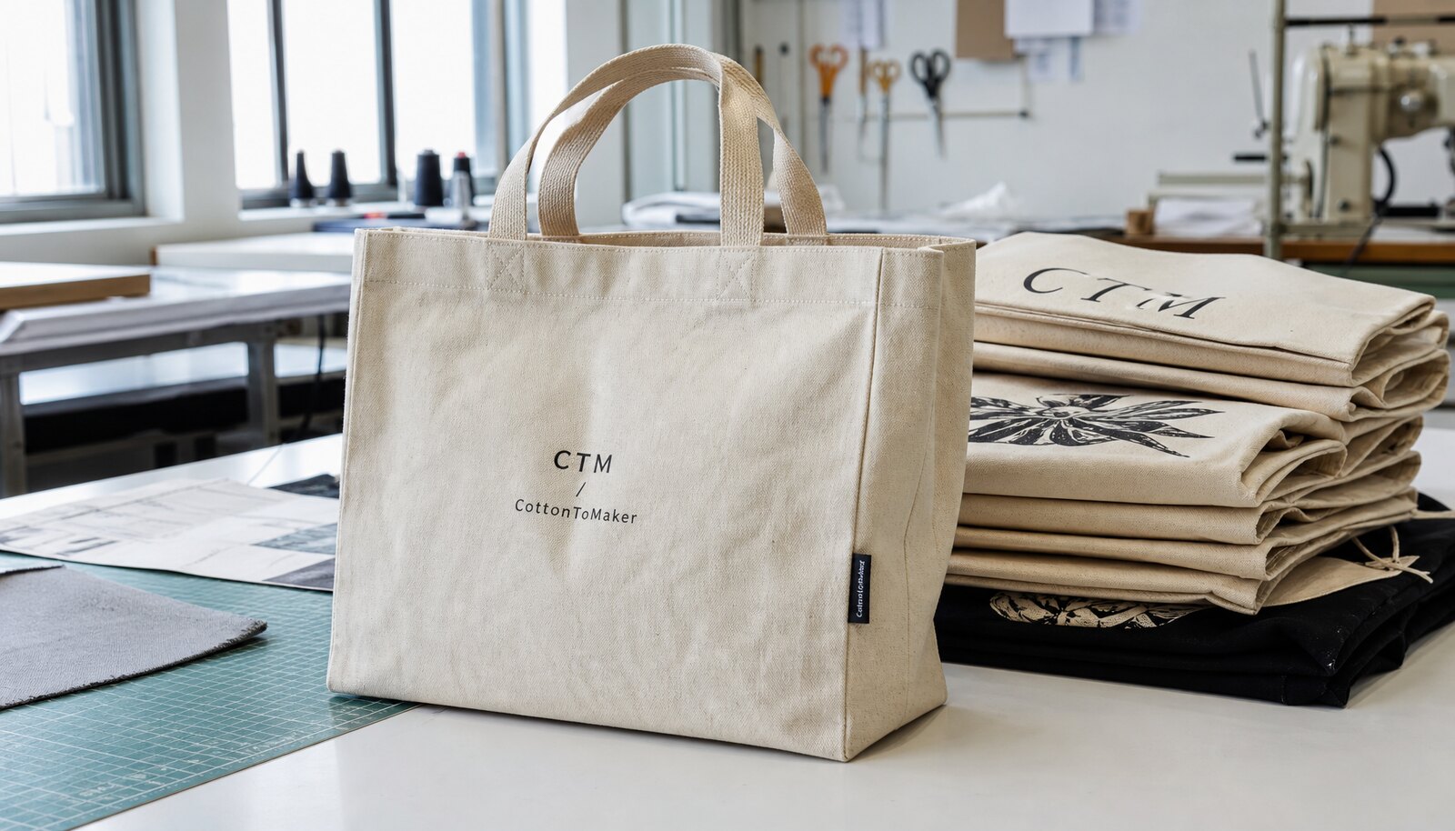 Printed canvas shopping bags with a small CTM CottonToMaker logo in a factory sample room