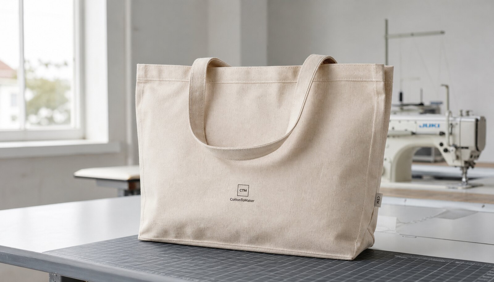 Printed canvas shopping bag with a small CTM CottonToMaker sample logo, shown in a clean factory sample room