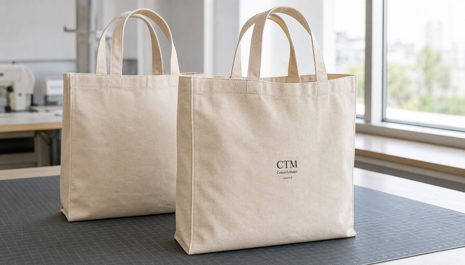 Printed canvas shopping bags for schools with a simple CTM sample logo in a factory sample room