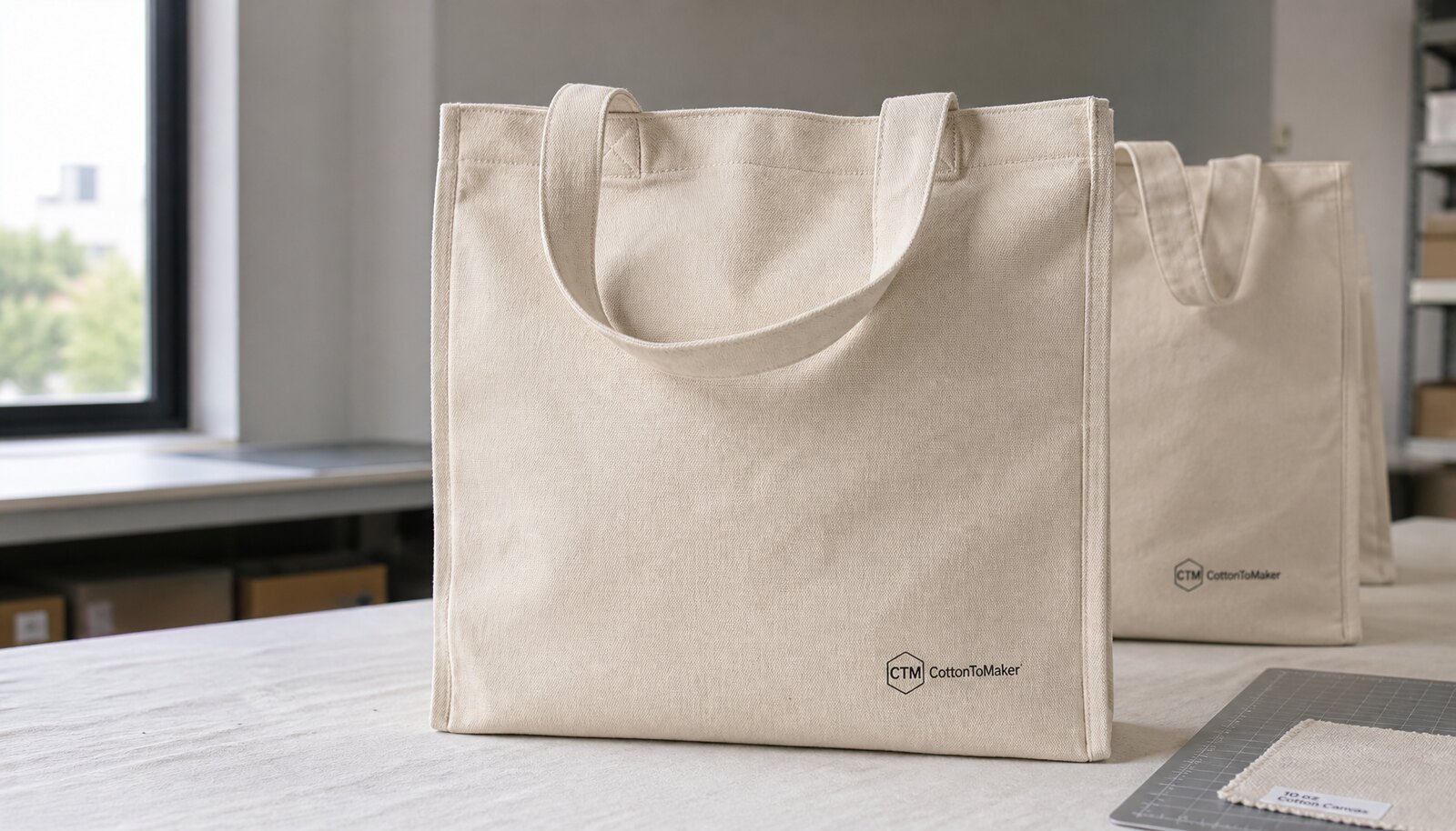 Photorealistic canvas tote bag with a small CTM/CottonToMaker logo printed on the front in a clean sample-room setting.