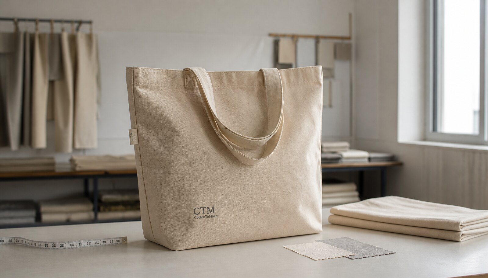 Photorealistic canvas school shopping bag with a simple CTM CottonToMaker logo printed on the product in a clean factory sample room.