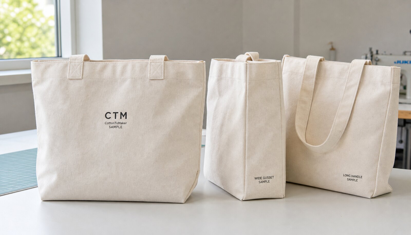 Printed canvas shopping bags with a CTM sample logo displayed in a clean factory sample room