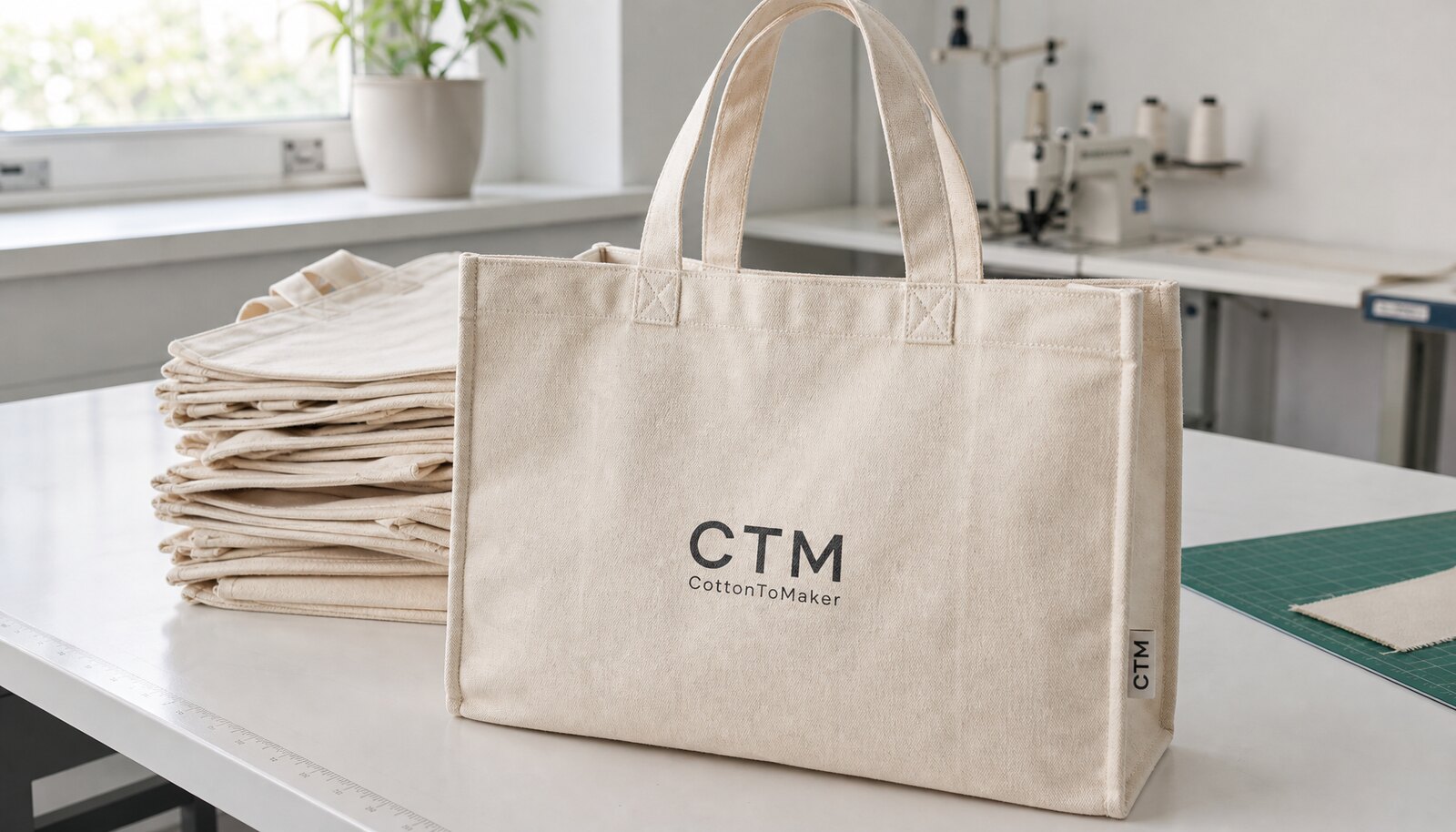 Natural canvas shopping bag with a small CTM CottonToMaker printed logo and woven side label in a factory sample room