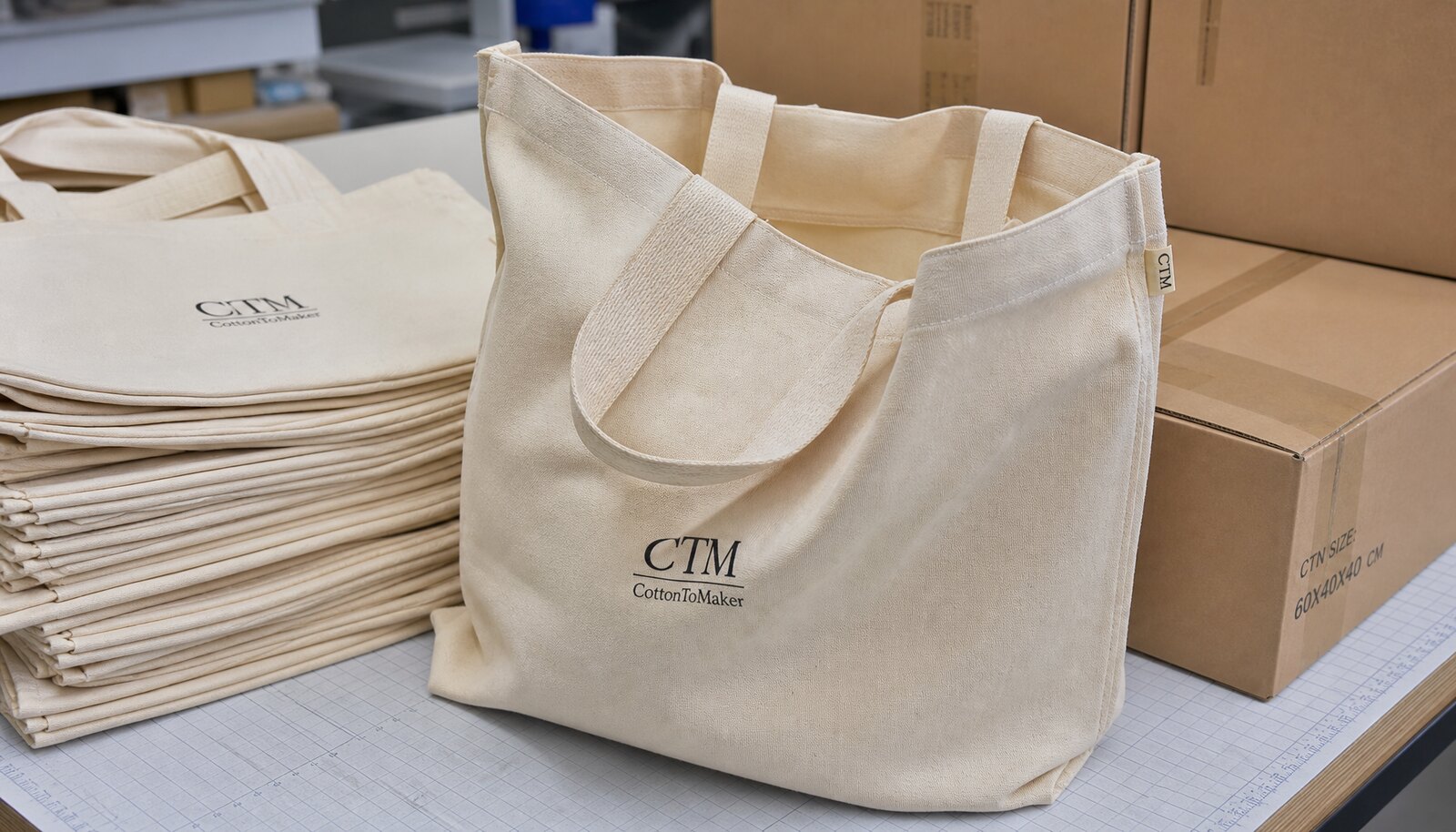 Printed canvas shopping bags with a simple CTM sample logo in a factory sample room beside shipping cartons