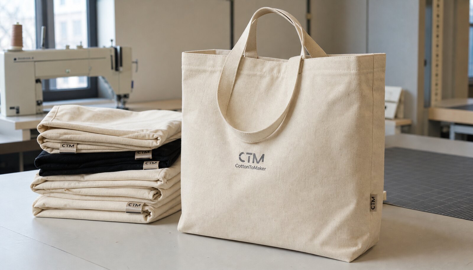 Natural canvas shopping bag with a simple CTM CottonToMaker logo printed on the front in a clean factory sample room