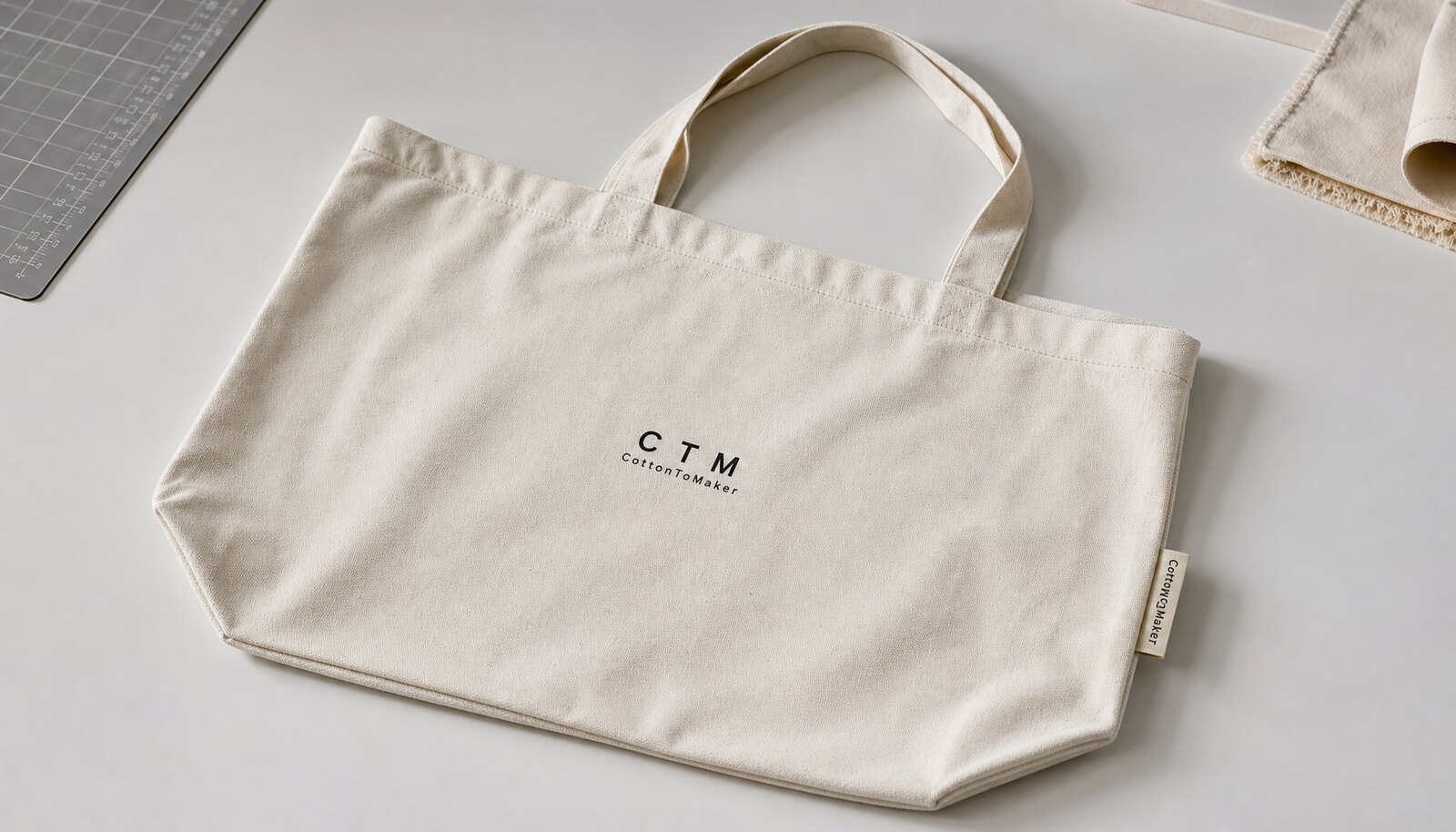Natural canvas shopping bag with a simple CTM CottonToMaker logo printed on the front in a clean factory sample room
