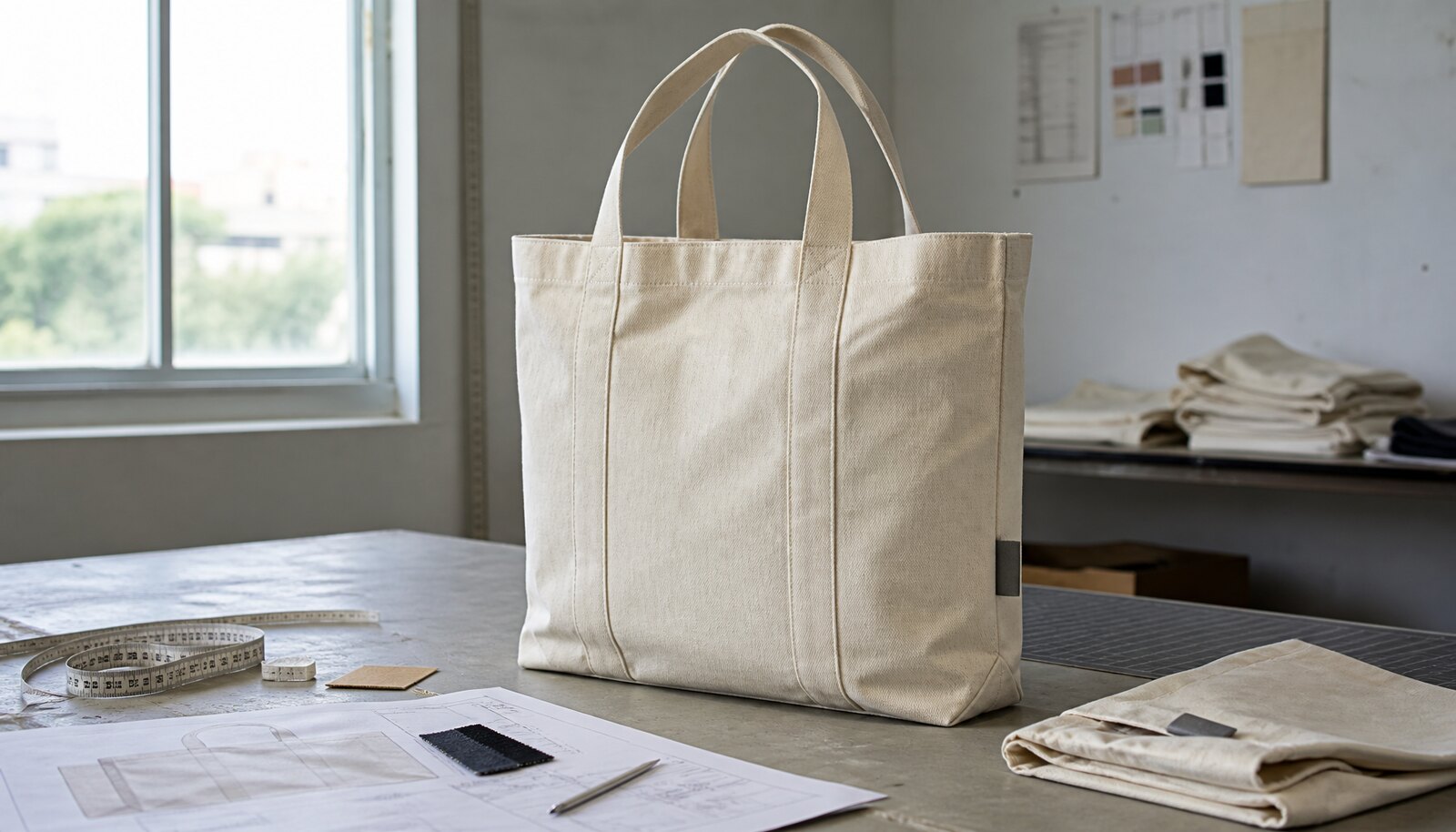 A natural canvas shopping bag on a factory sample table with spec sheet and measuring tools