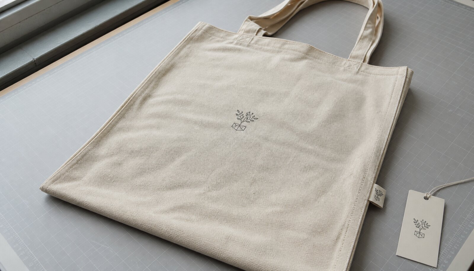 A natural canvas shopping bag with a printed logo in a clean factory sample room