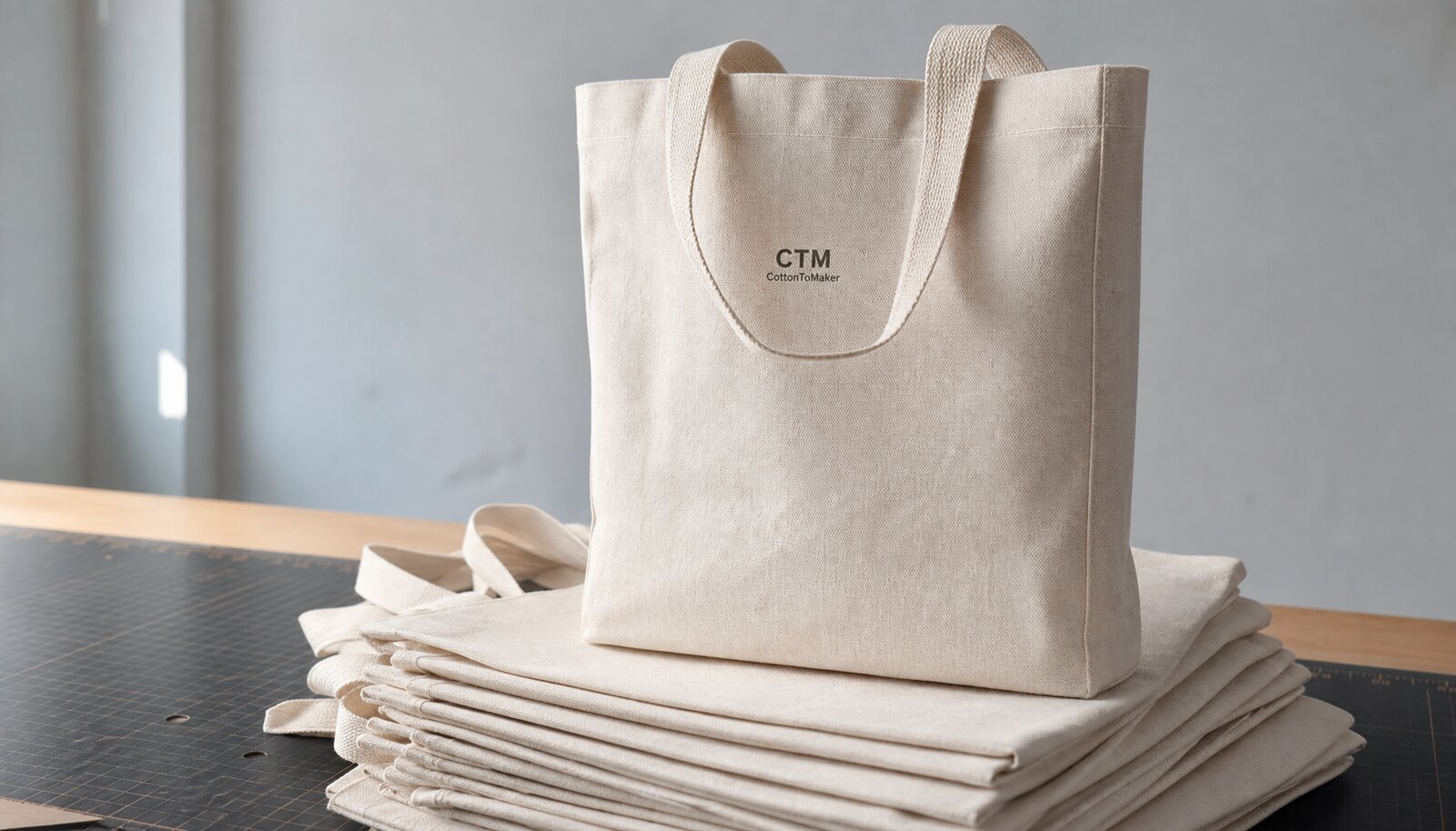 Printed canvas shopping bags with a simple CTM logo in a factory sample room