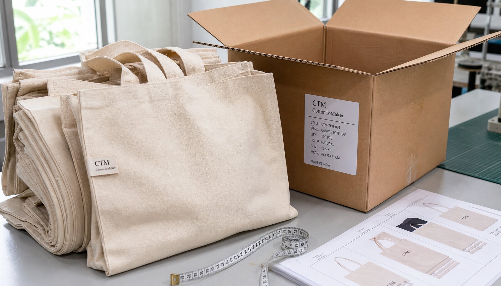 Printed canvas shopping bags sample next to an open shipping carton in a factory sample room