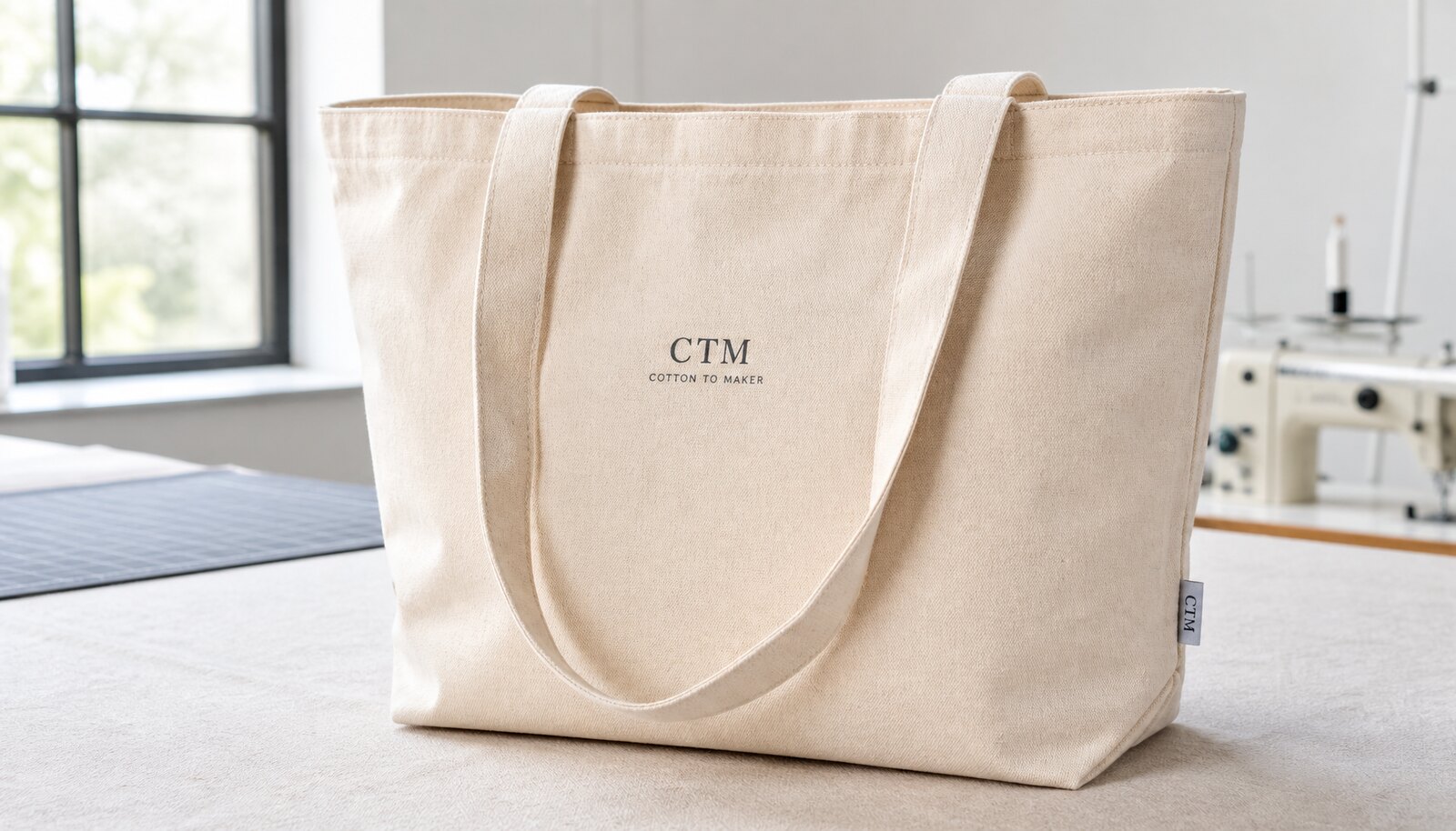 Natural canvas shopping bag with a simple CTM sample logo printed on the front in a clean studio setting.