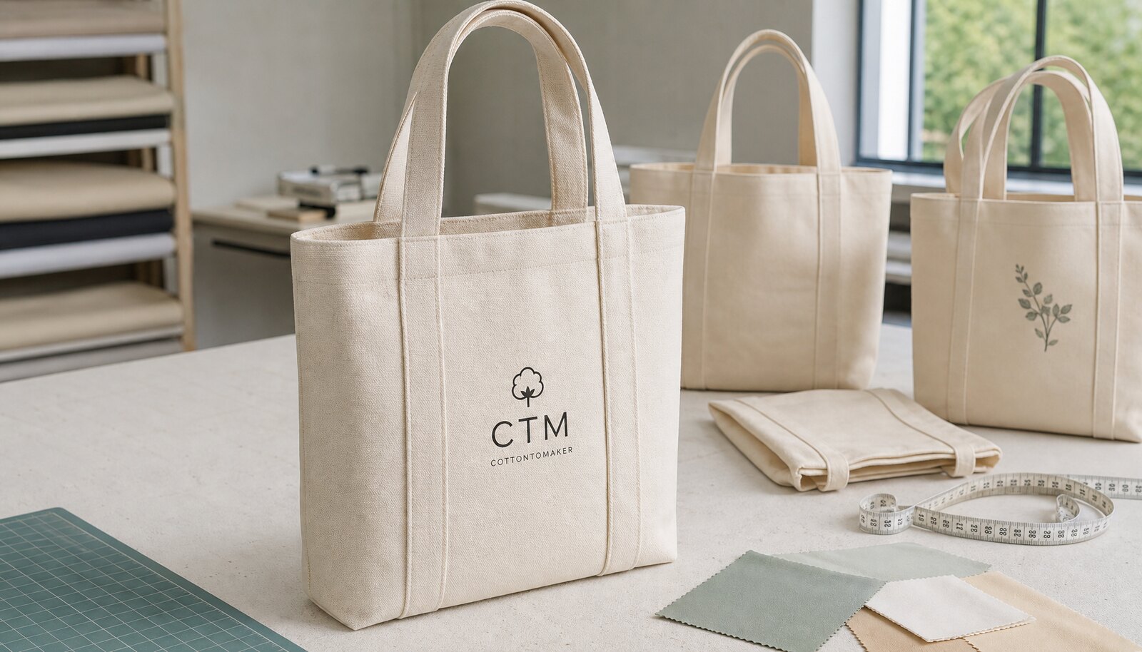 Printed canvas shopping bags with a simple CTM/CottonToMaker sample logo in a factory sample room