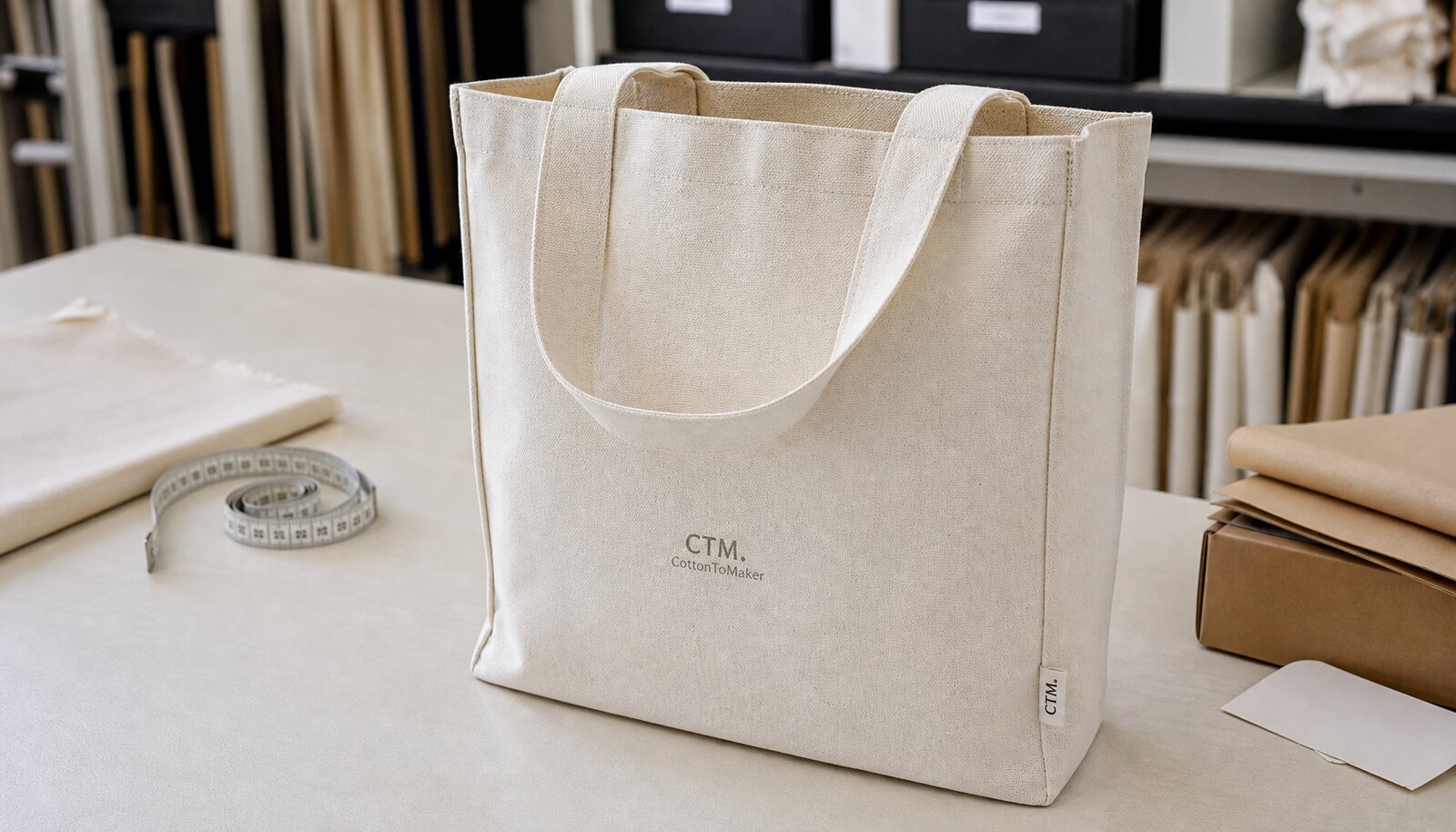 Natural canvas shopping bag with a small CTM CottonToMaker sample logo printed on the front in a clean factory sample room